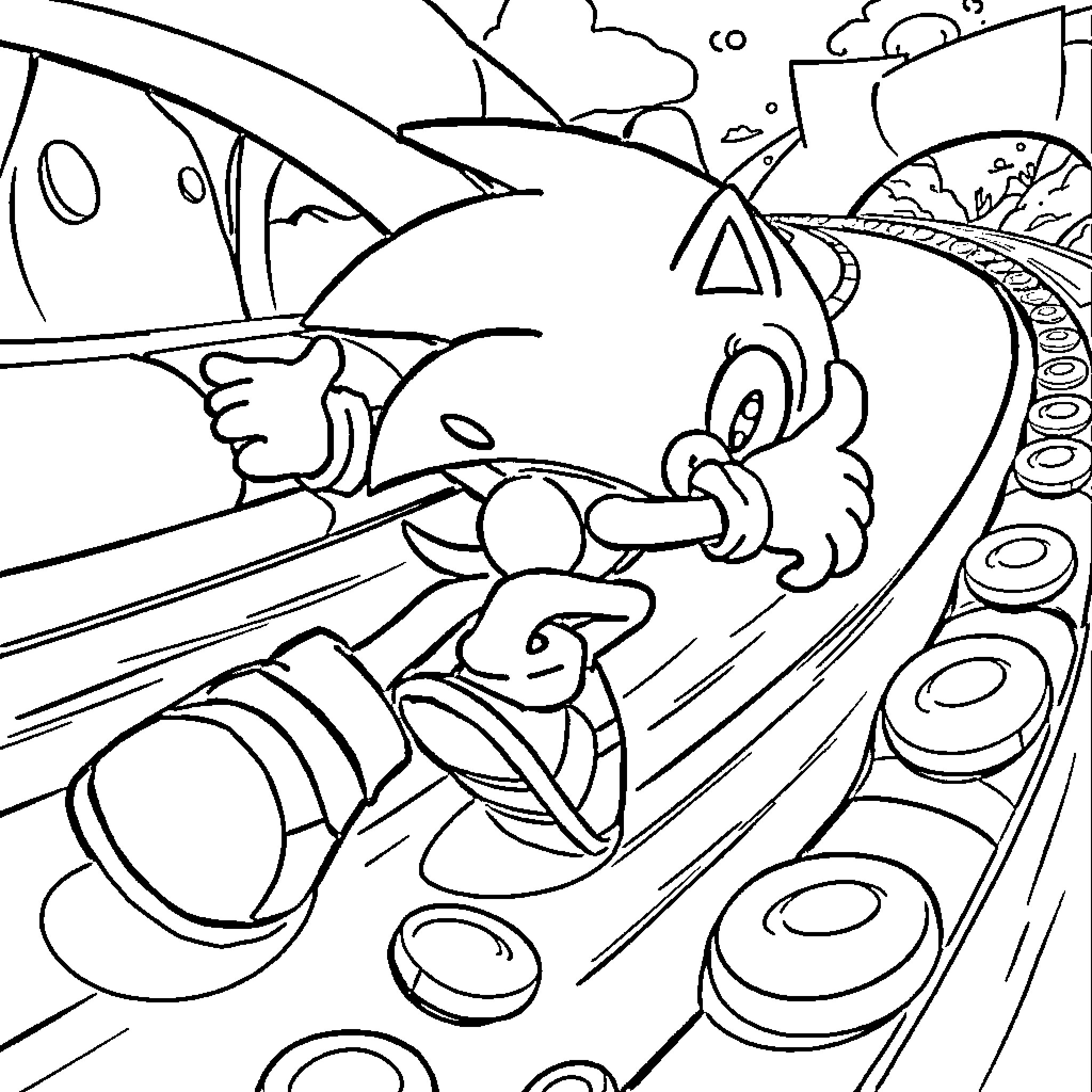 Sonic speeding through a surreal landscape Coloring Page (free black-and-white line drawing printable PDF for all, from beginners to advanced learners, including children, teens, adults, and seniors)