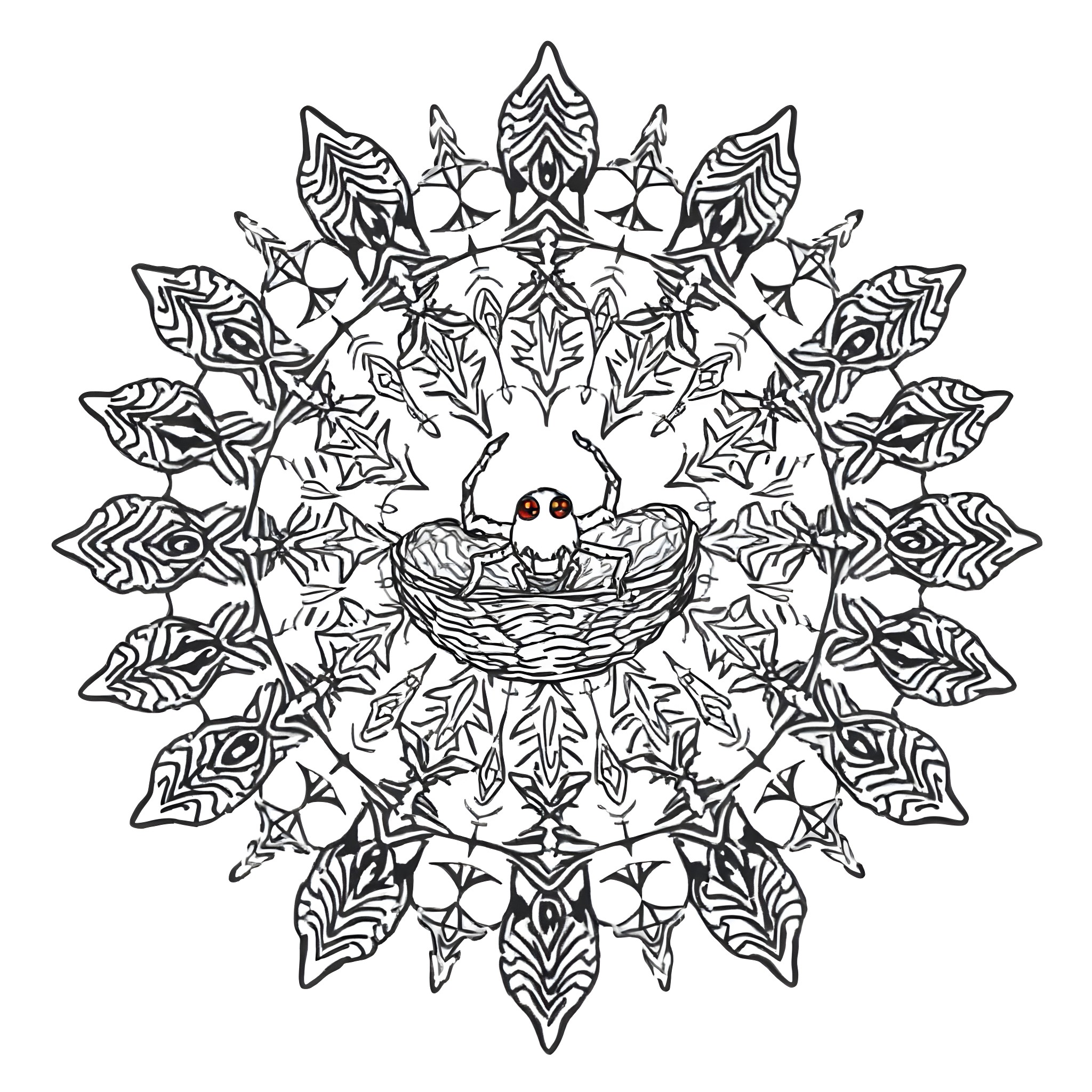 Spider building web with nest in the center Coloring Page (free black-and-white line drawing printable PDF for all, from beginners to advanced learners, including children, teens, adults, and seniors)