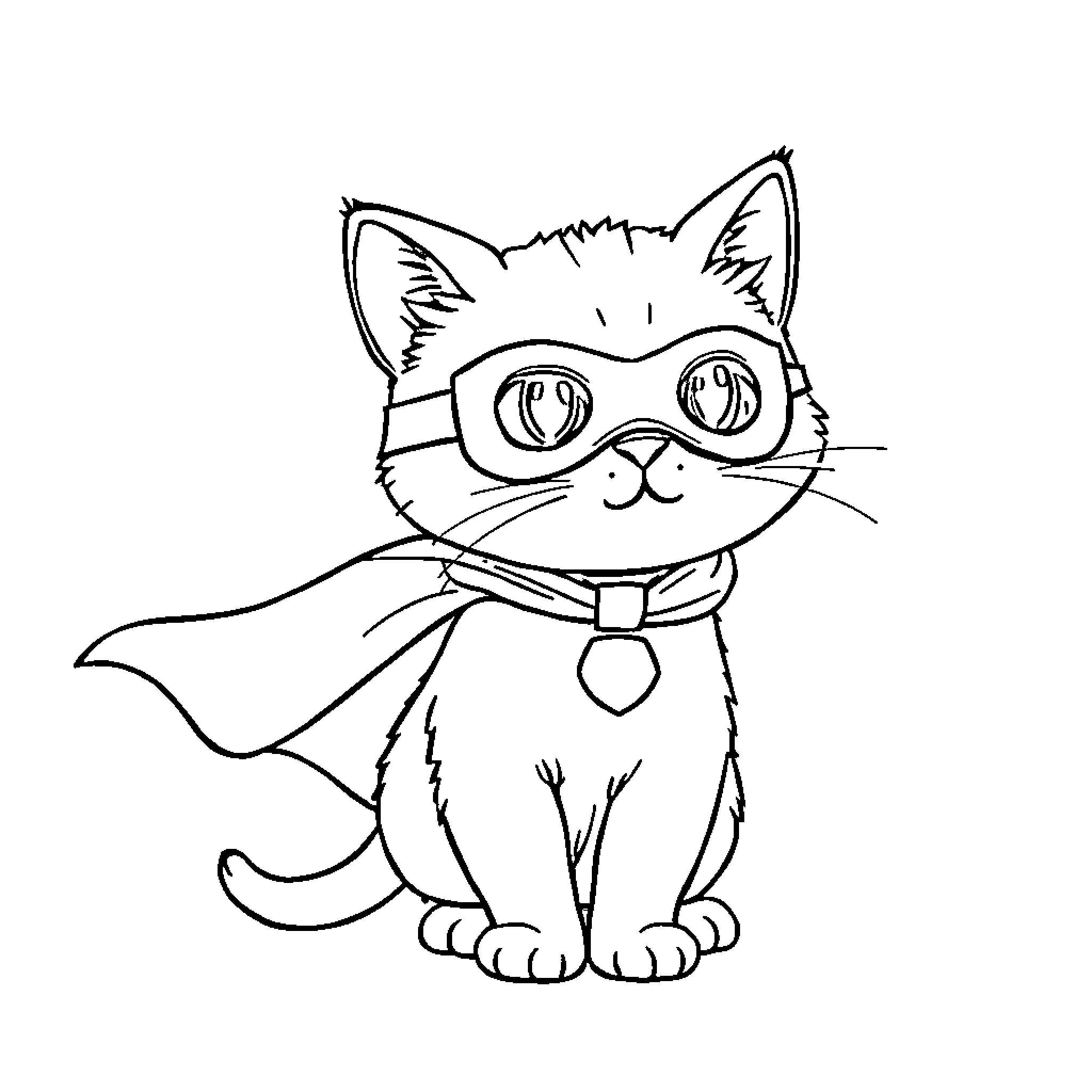 Cat dressed as superhero with cape and mask Coloring Page (free black-and-white line drawing printable PDF for all, from beginners to advanced learners, including children, teens, adults, and seniors)