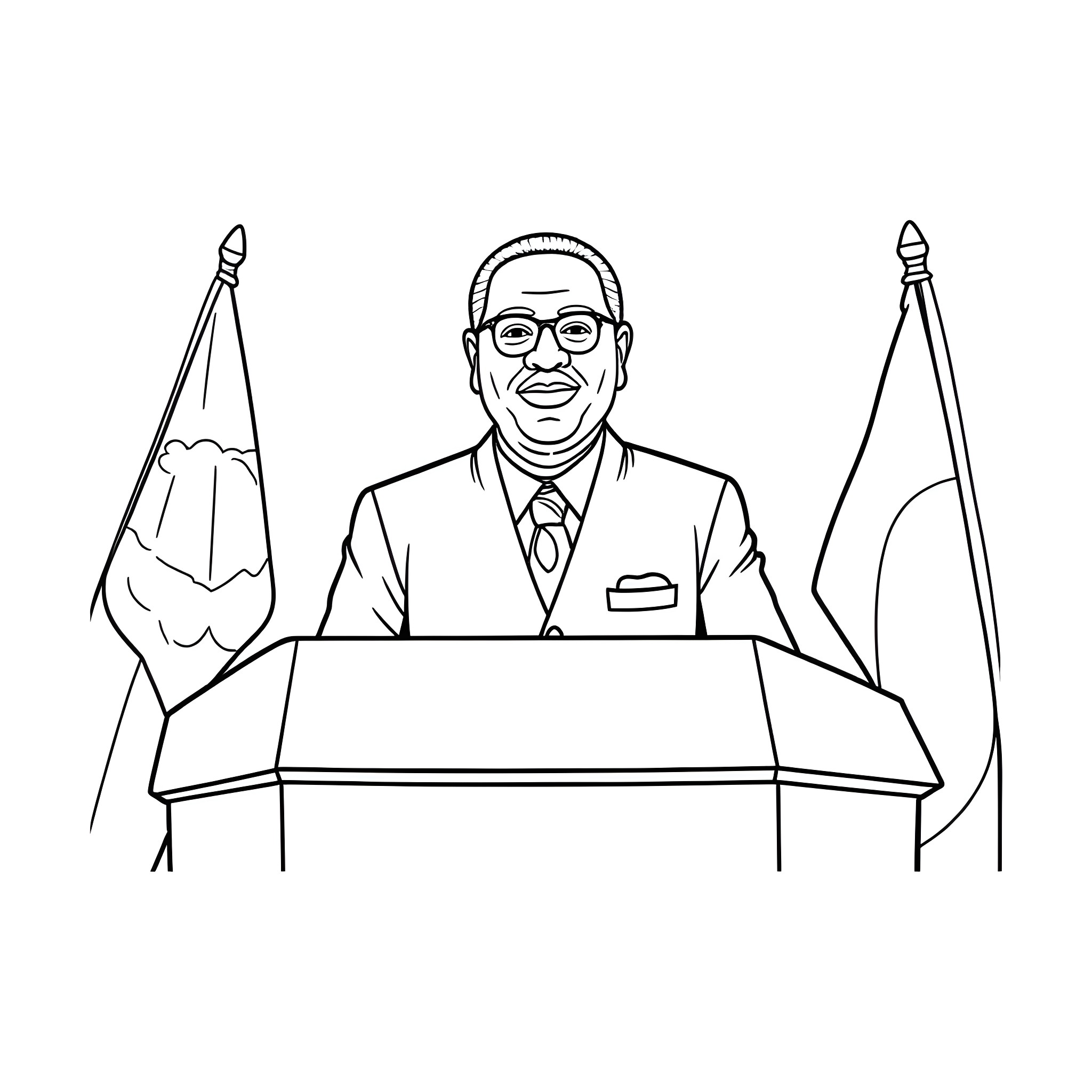 President delivering speech at podium Coloring Page (free black-and-white line drawing printable PDF for all, from beginners to advanced learners, including children, teens, adults, and seniors)