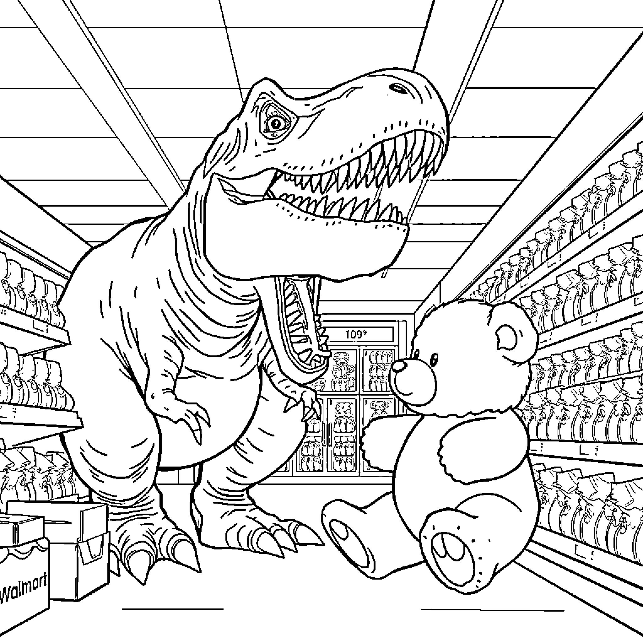 T-Rex Shopping for Toys in the Supermarket Coloring Page (free black-and-white line drawing printable PDF for all, from beginners to advanced learners, including children, teens, adults, and seniors)