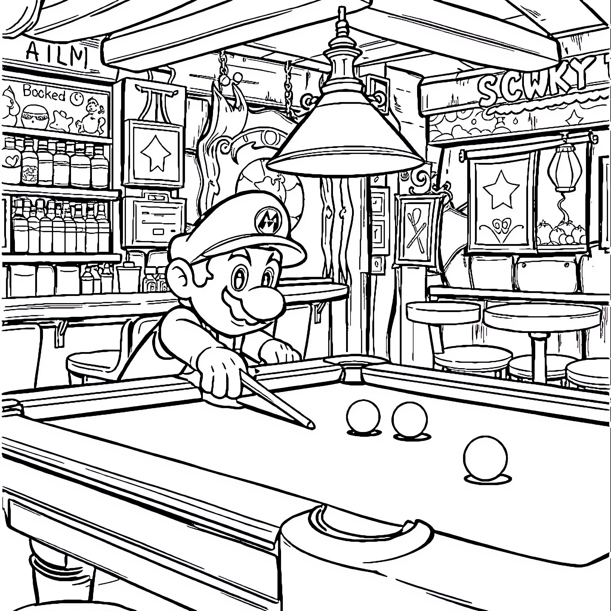 Super Mario Enjoying Bowling in Arcade Coloring Page (free black-and-white line drawing printable PDF for all, from beginners to advanced learners, including children, teens, adults, and seniors)