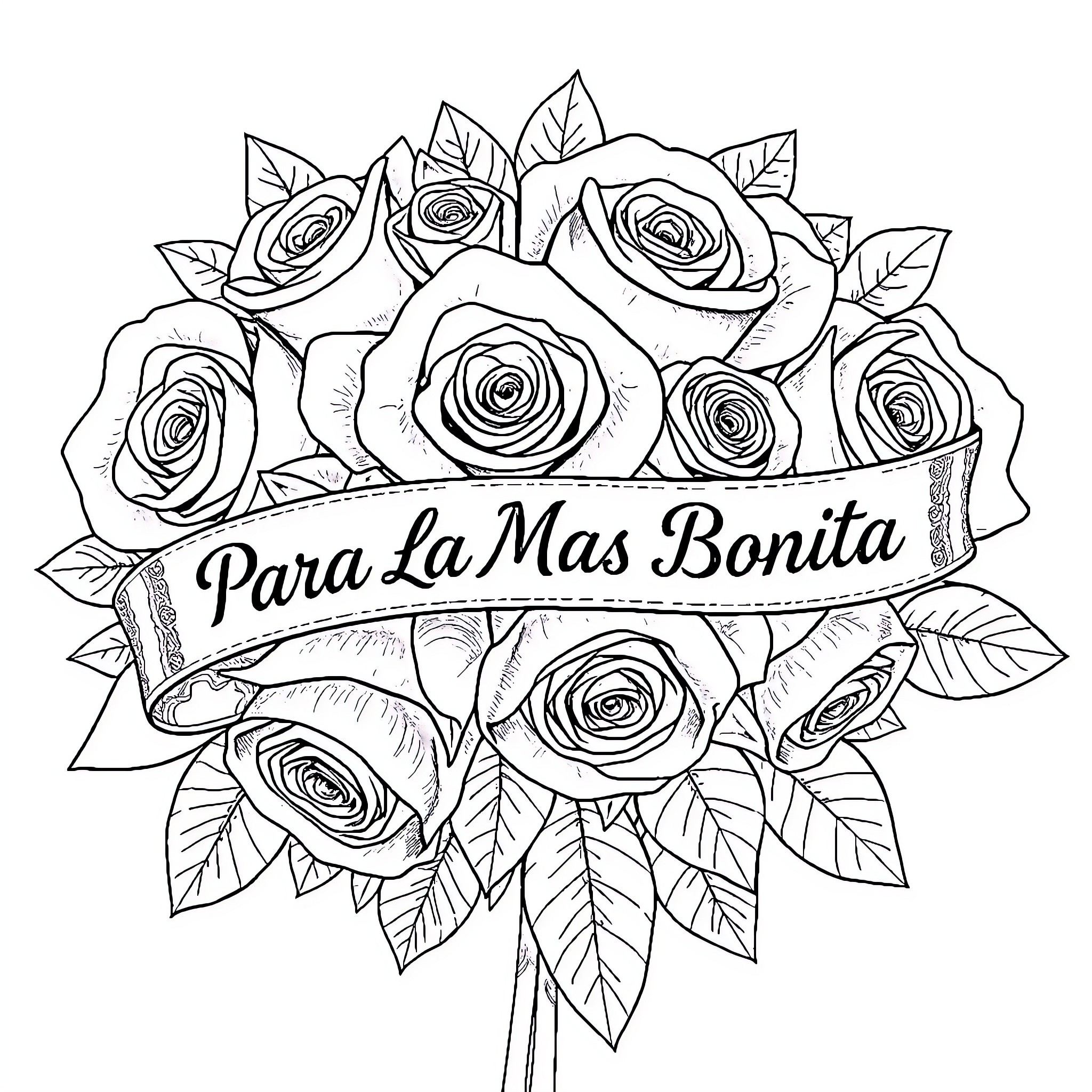 Rose bouquet with 'Para La Mas Bonita' banner Coloring Page (free black-and-white line drawing printable PDF for all, from beginners to advanced learners, including children, teens, adults, and seniors)