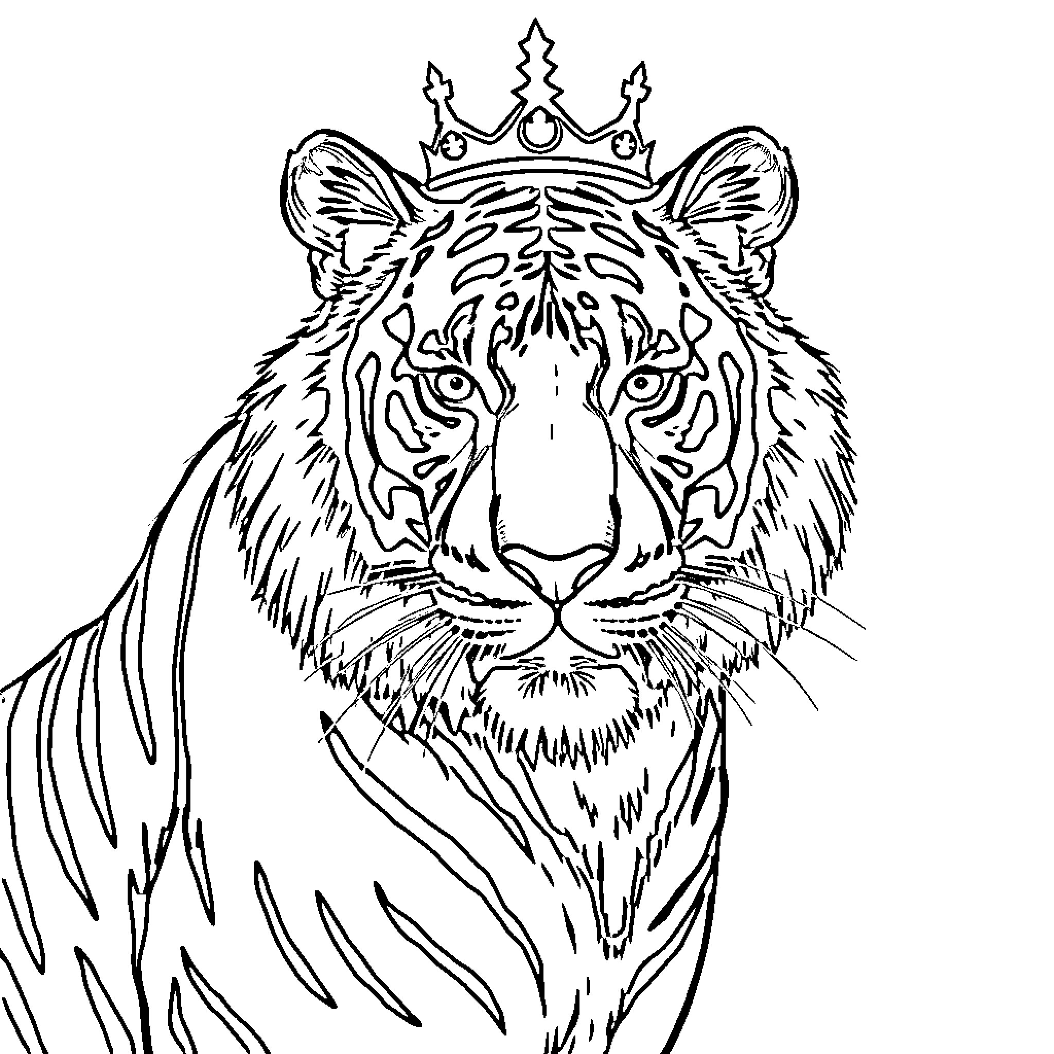 Tiger with regal crown Coloring Page (free black-and-white line drawing printable PDF for all, from beginners to advanced learners, including children, teens, adults, and seniors)