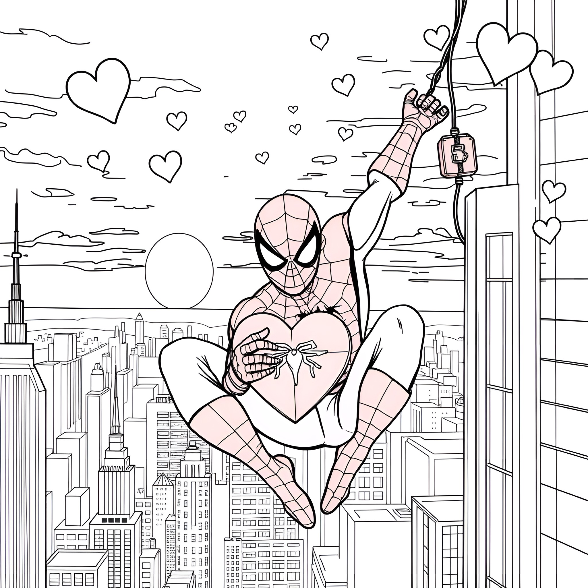 Spideran's romantic leap over the city skyline Coloring Page (free black-and-white line drawing printable PDF for all, from beginners to advanced learners, including children, teens, adults, and seniors)