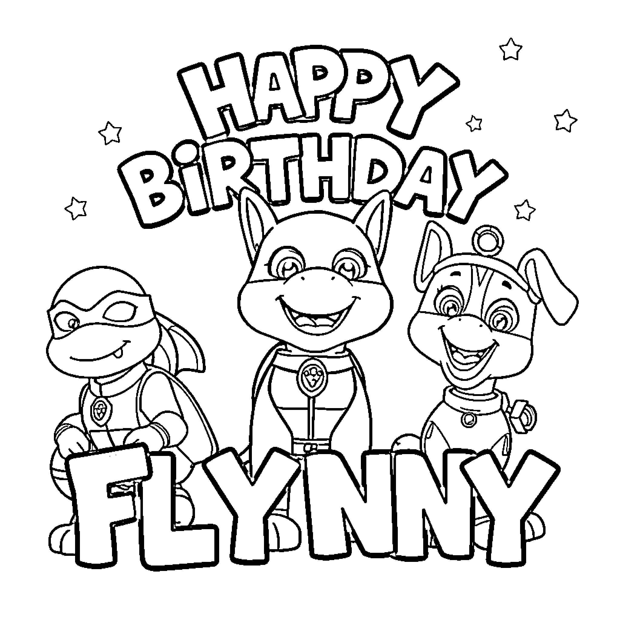 Ninja Turtle Friends Wish Happy Birthday to Flynn Coloring Page (free black-and-white line drawing printable PDF for all, from beginners to advanced learners, including children, teens, adults, and seniors)
