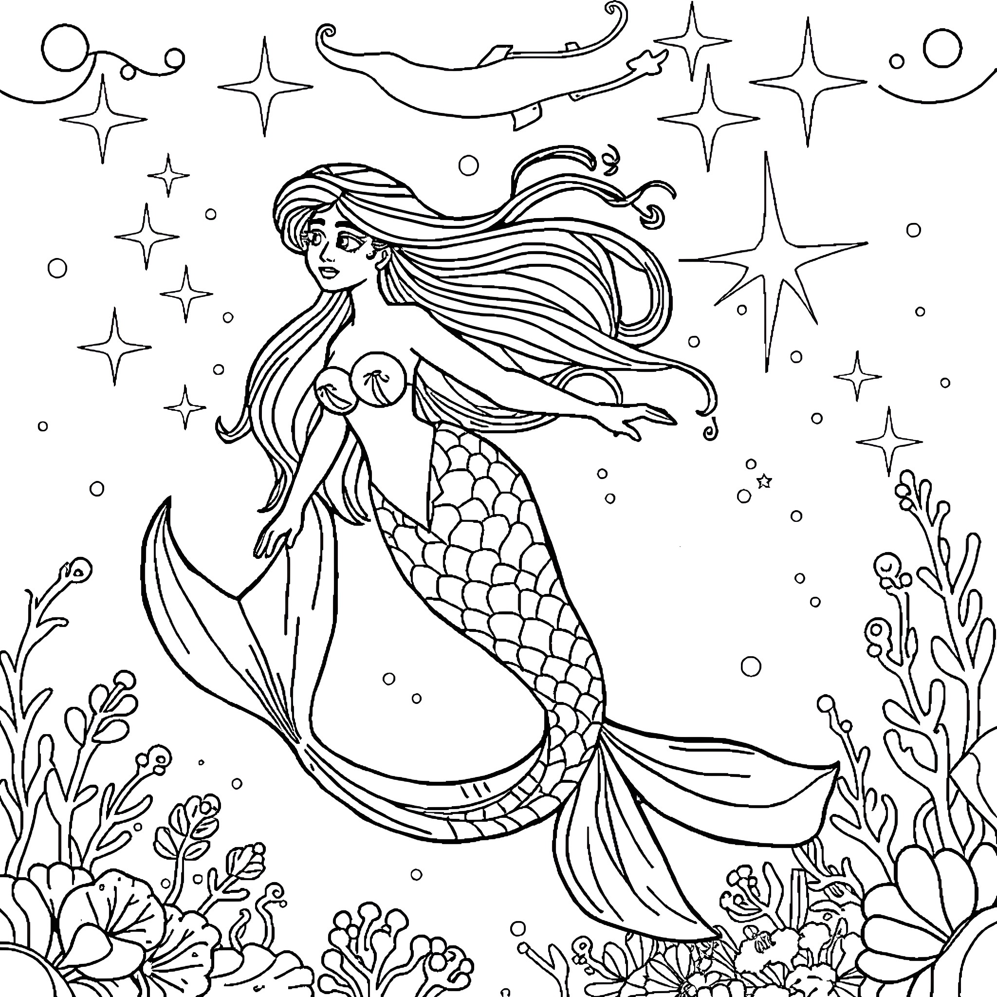 Mermaid swimming gracefully in the underwater world Coloring Page (free black-and-white line drawing printable PDF for all, from beginners to advanced learners, including children, teens, adults, and seniors)