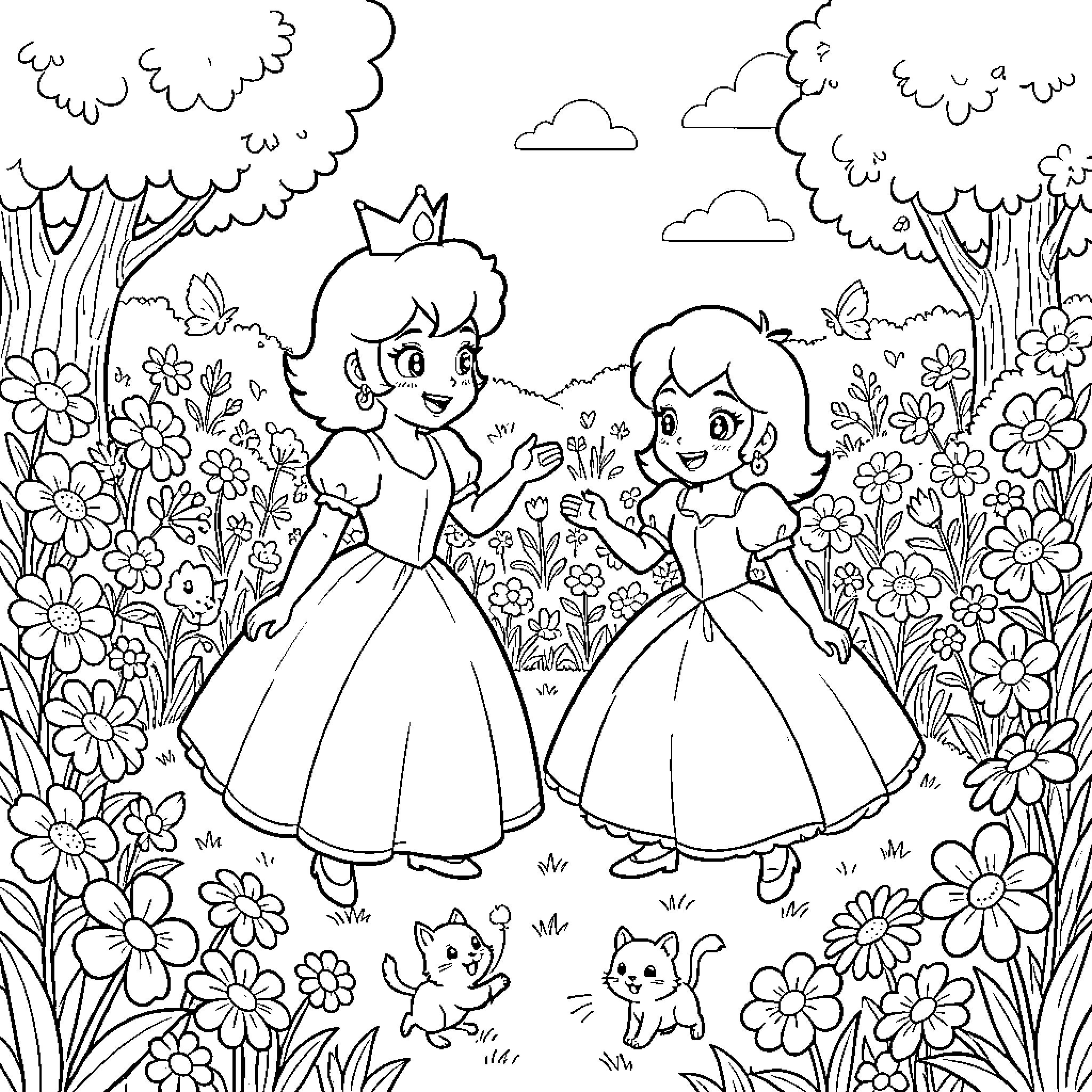 Princess sisters exploring the enchanted garden Coloring Page (free black-and-white line drawing printable PDF for all, from beginners to advanced learners, including children, teens, adults, and seniors)