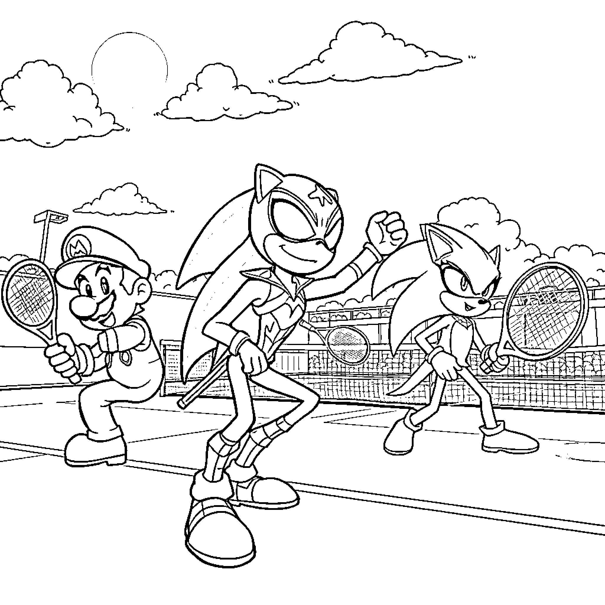 Video Game Characters Competing in Tennis Tournament Coloring Page (free black-and-white line drawing printable PDF for all, from beginners to advanced learners, including children, teens, adults, and seniors)