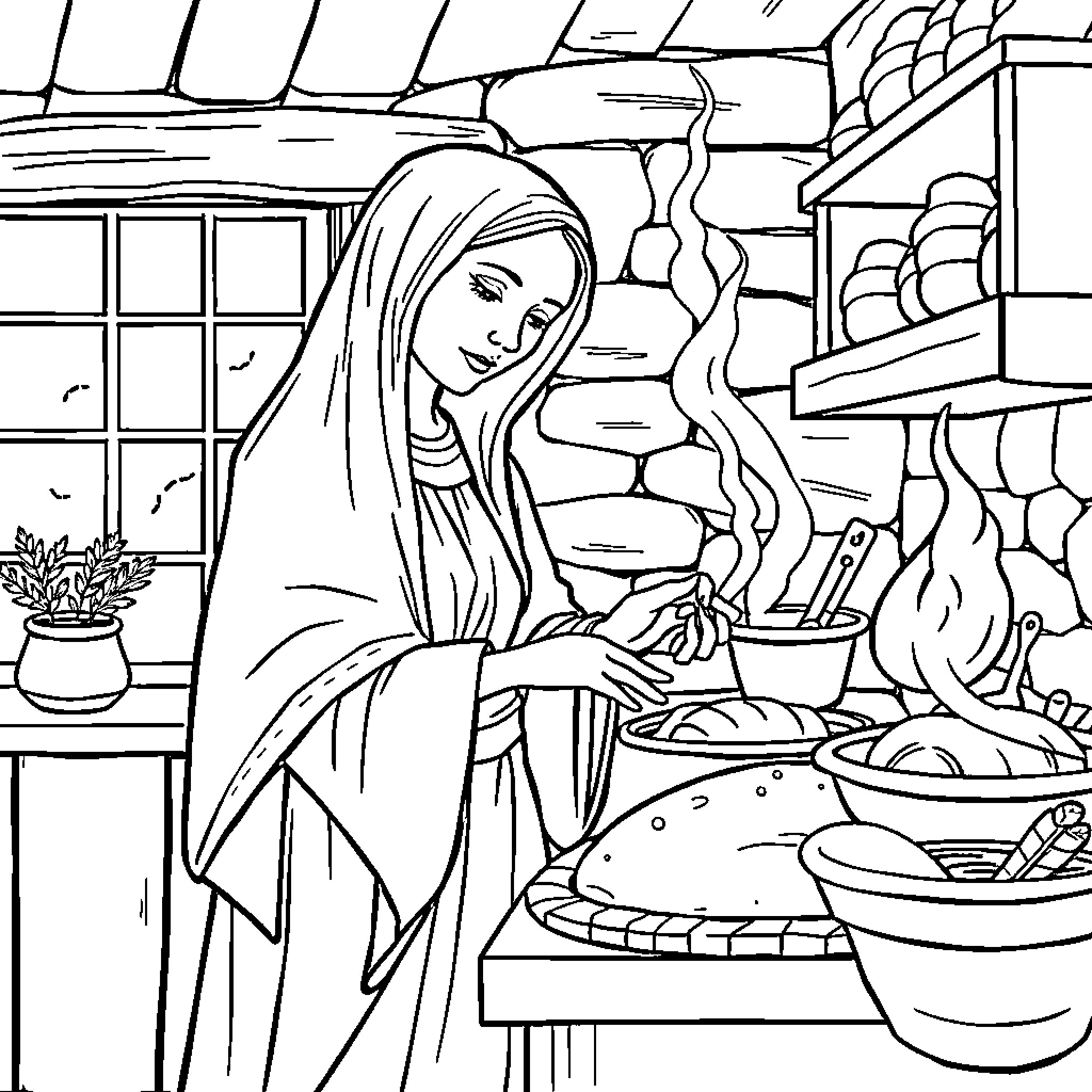 Virgin Mary preparing a simple meal in her kitchen Coloring Page (free black-and-white line drawing printable PDF for all, from beginners to advanced learners, including children, teens, adults, and seniors)