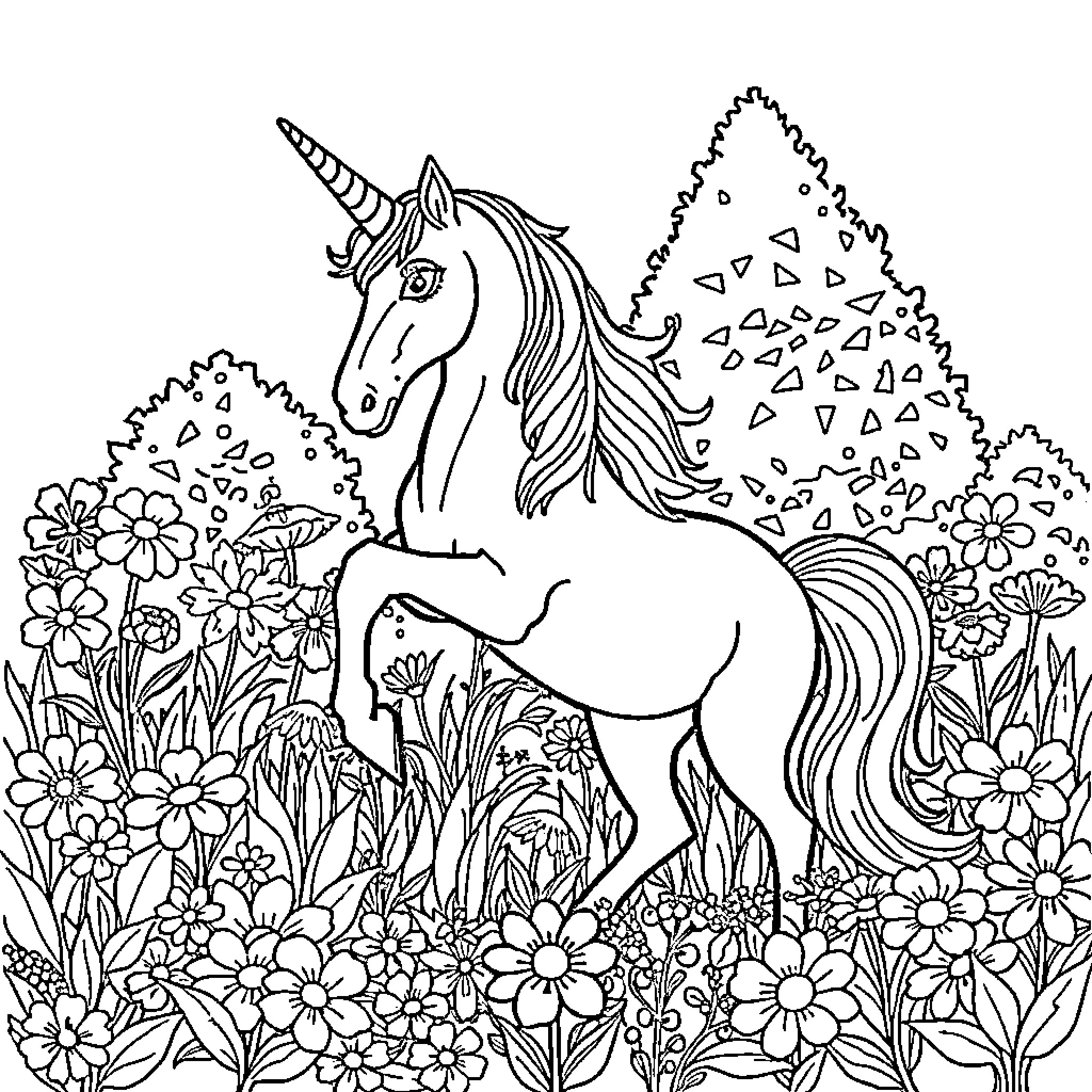 Unicorn standing in a floral garden Coloring Page (free black-and-white line drawing printable PDF for all, from beginners to advanced learners, including children, teens, adults, and seniors)