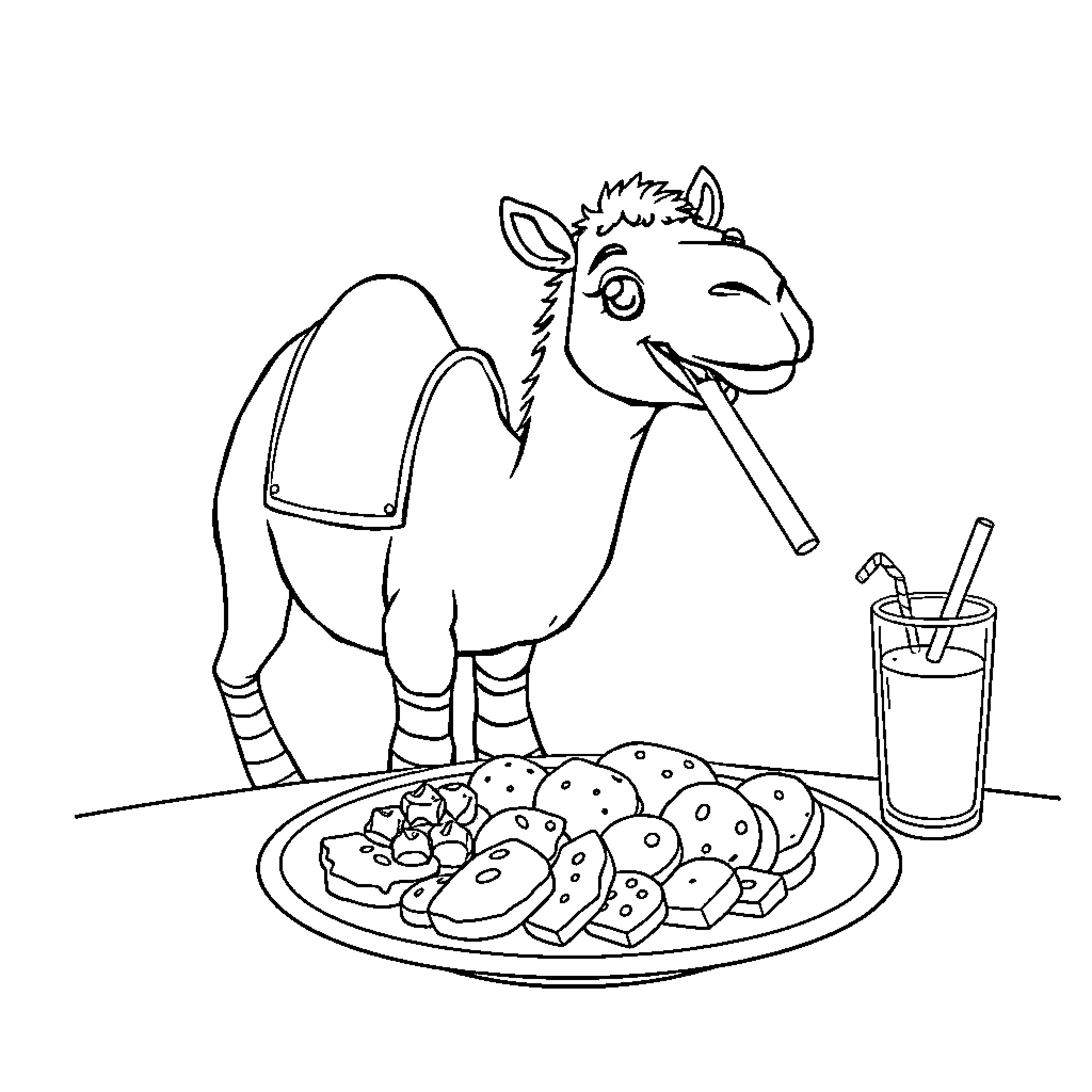 Camel enjoying snacks and refreshment Coloring Page (free black-and-white line drawing printable PDF for all, from beginners to advanced learners, including children, teens, adults, and seniors)