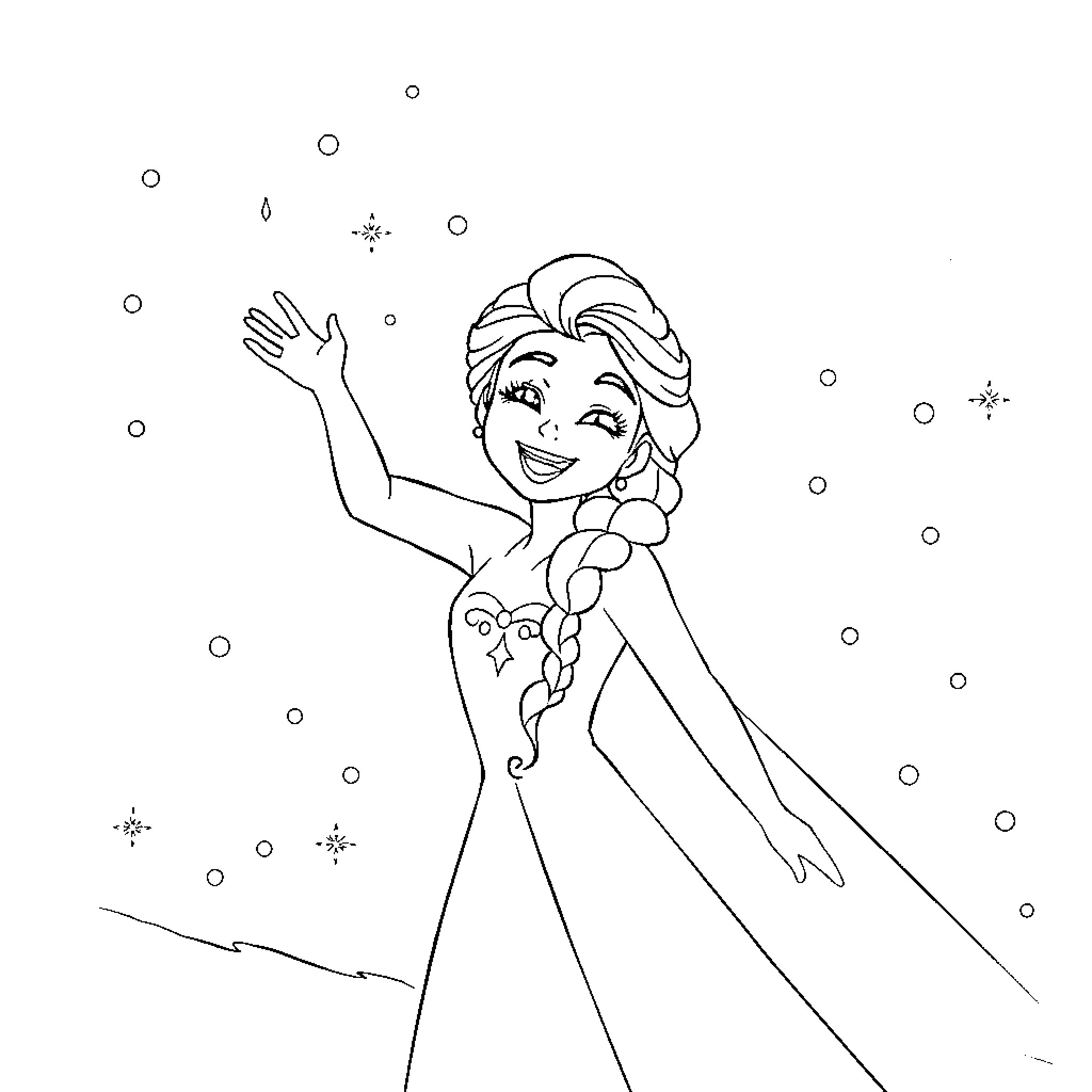 Princess joyfully dancing in the winter wonderland Coloring Page (free black-and-white line drawing printable PDF for all, from beginners to advanced learners, including children, teens, adults, and seniors)