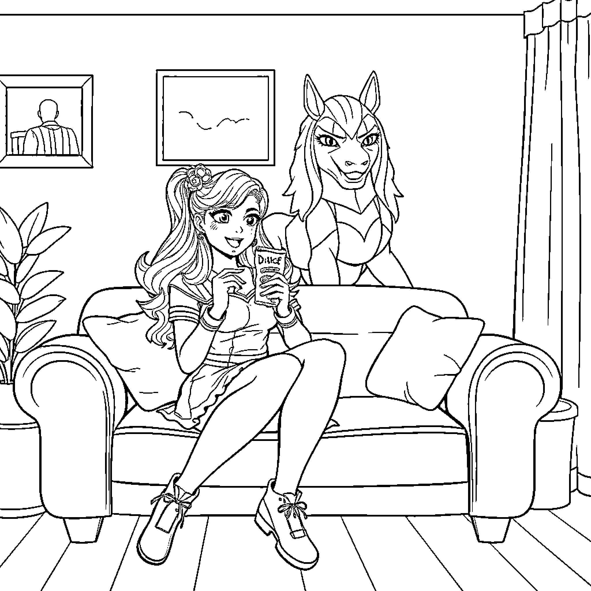 D.va relaxing with her companion in a cozy room Coloring Page (free black-and-white line drawing printable PDF for all, from beginners to advanced learners, including children, teens, adults, and seniors)