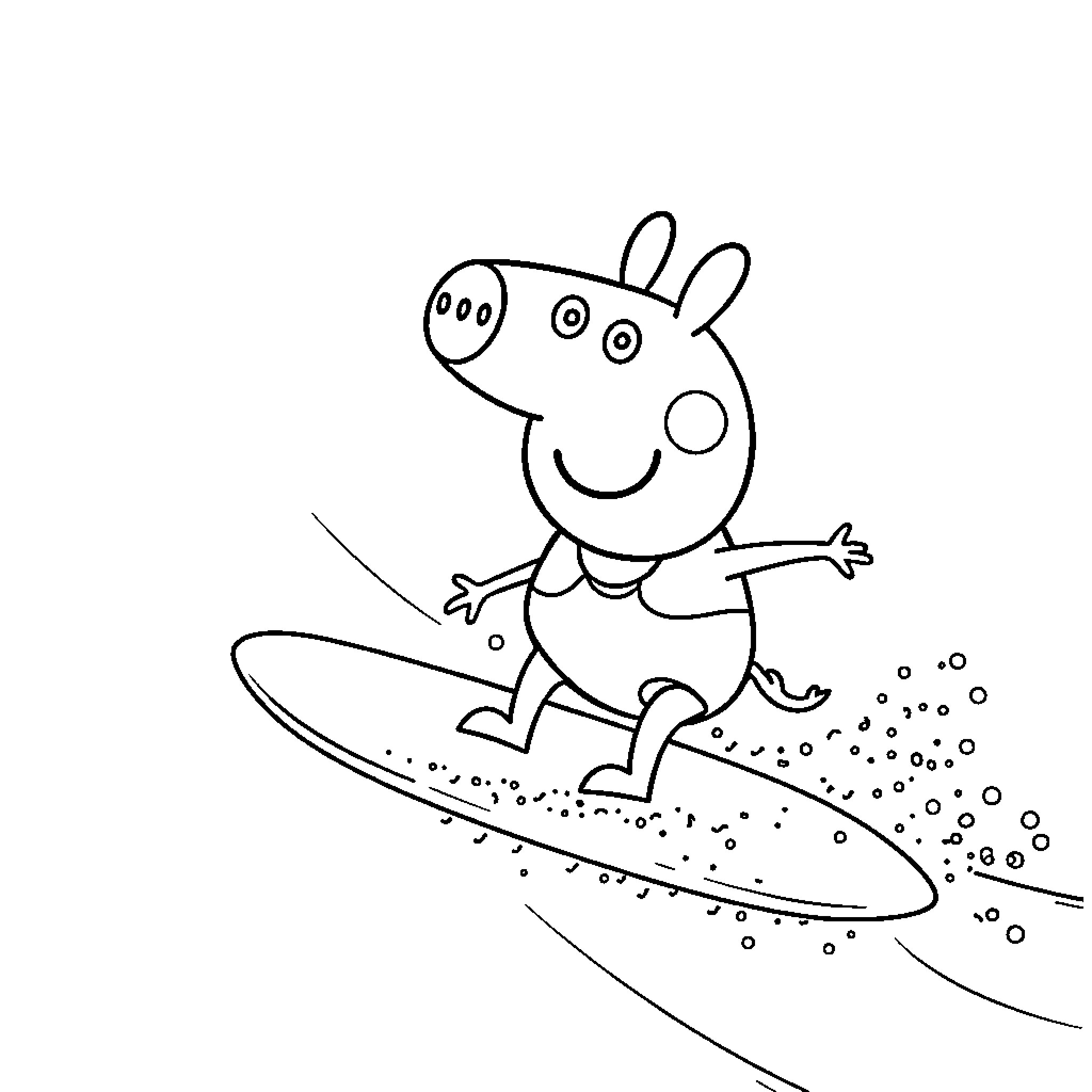 Peppa Pig surfing on the waves Coloring Page (free black-and-white line drawing printable PDF for all, from beginners to advanced learners, including children, teens, adults, and seniors)