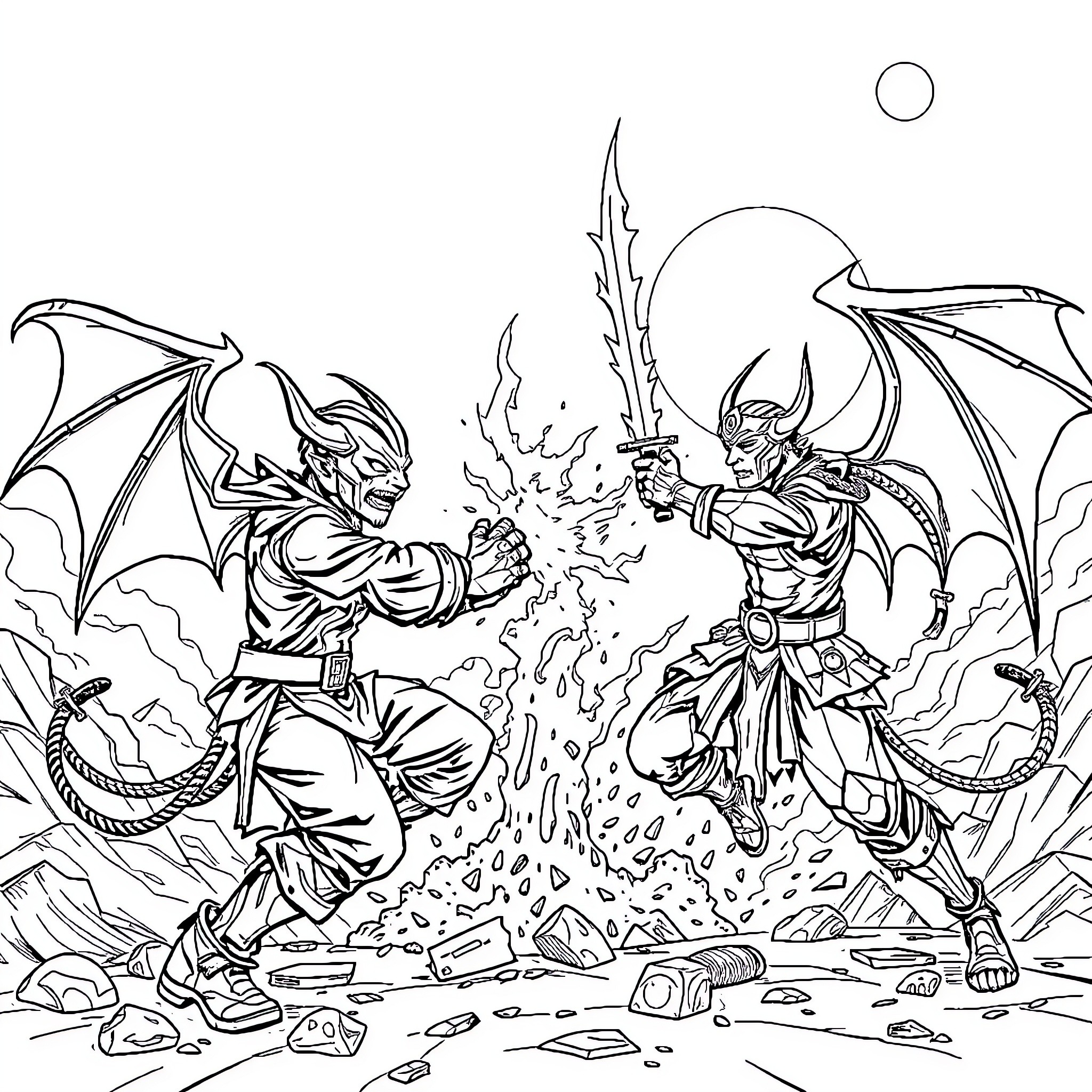 K-POP Demon Hunter: Intense Clash of Mythical Beings Coloring Page (free black-and-white line drawing printable PDF for all, from beginners to advanced learners, including children, teens, adults, and seniors)