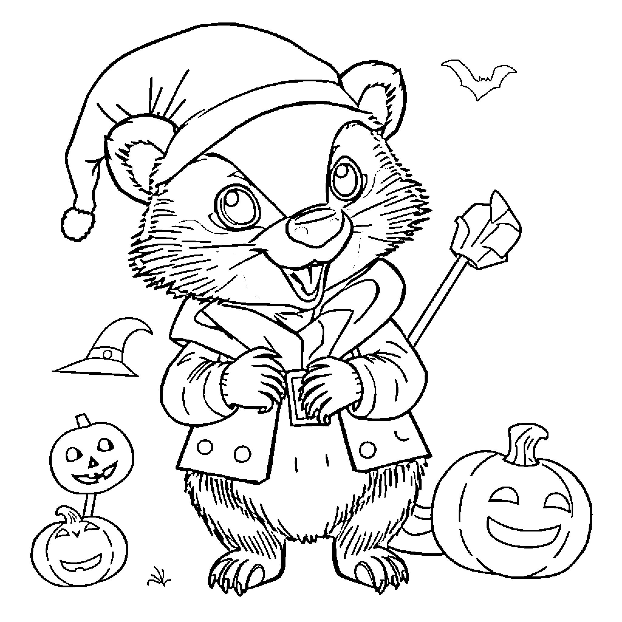Badger in Halloween costume enjoying festivities Coloring Page (free black-and-white line drawing printable PDF for all, from beginners to advanced learners, including children, teens, adults, and seniors)