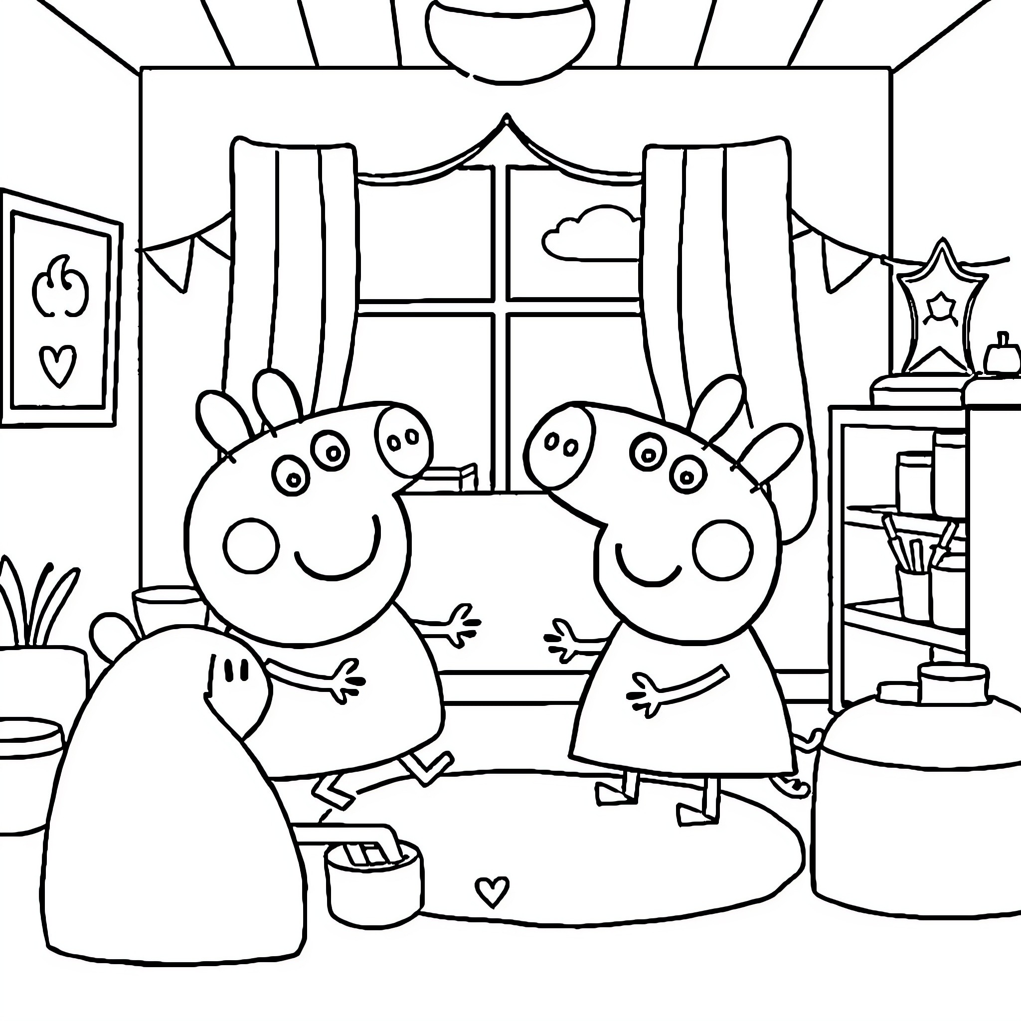 Bluey siblings playing and exploring indoors Coloring Page (free black-and-white line drawing printable PDF for all, from beginners to advanced learners, including children, teens, adults, and seniors)