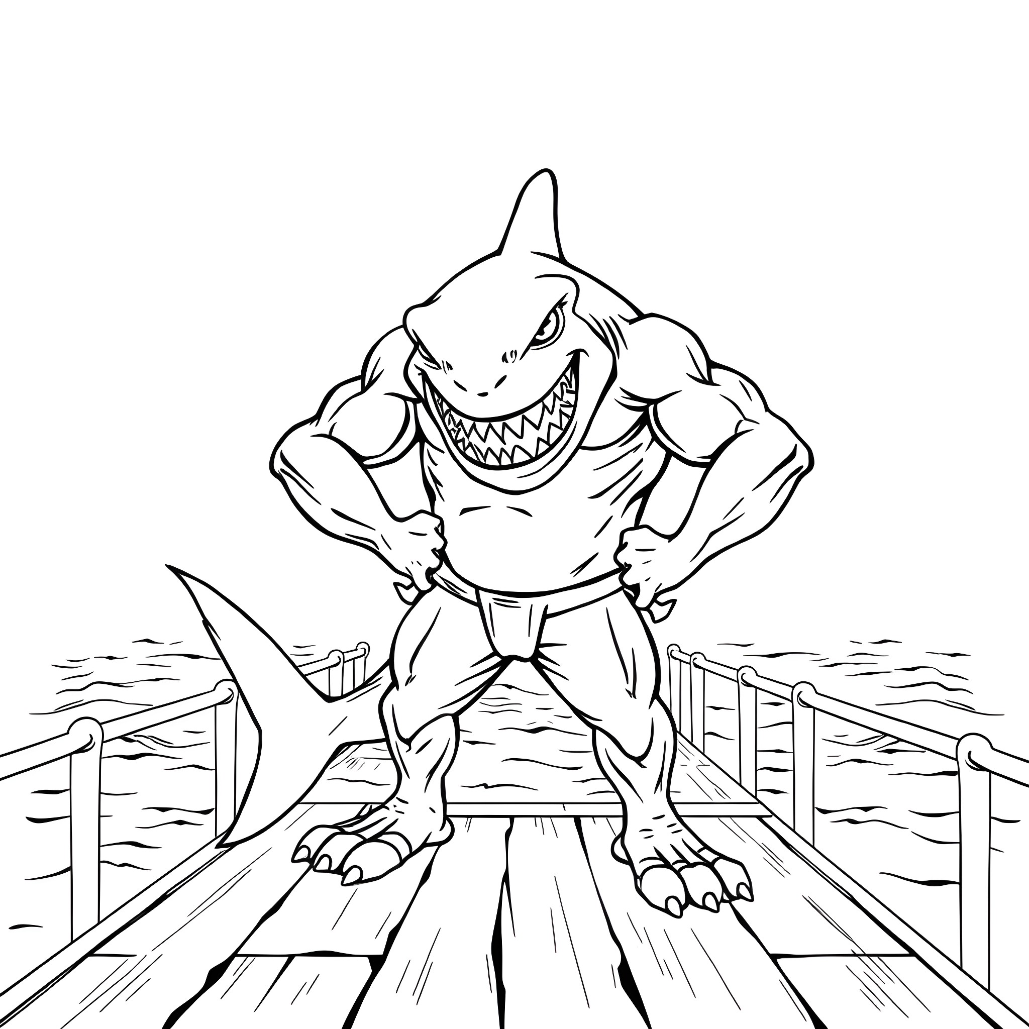 Shark menacing on a wooden dock Coloring Page (free black-and-white line drawing printable PDF for all, from beginners to advanced learners, including children, teens, adults, and seniors)