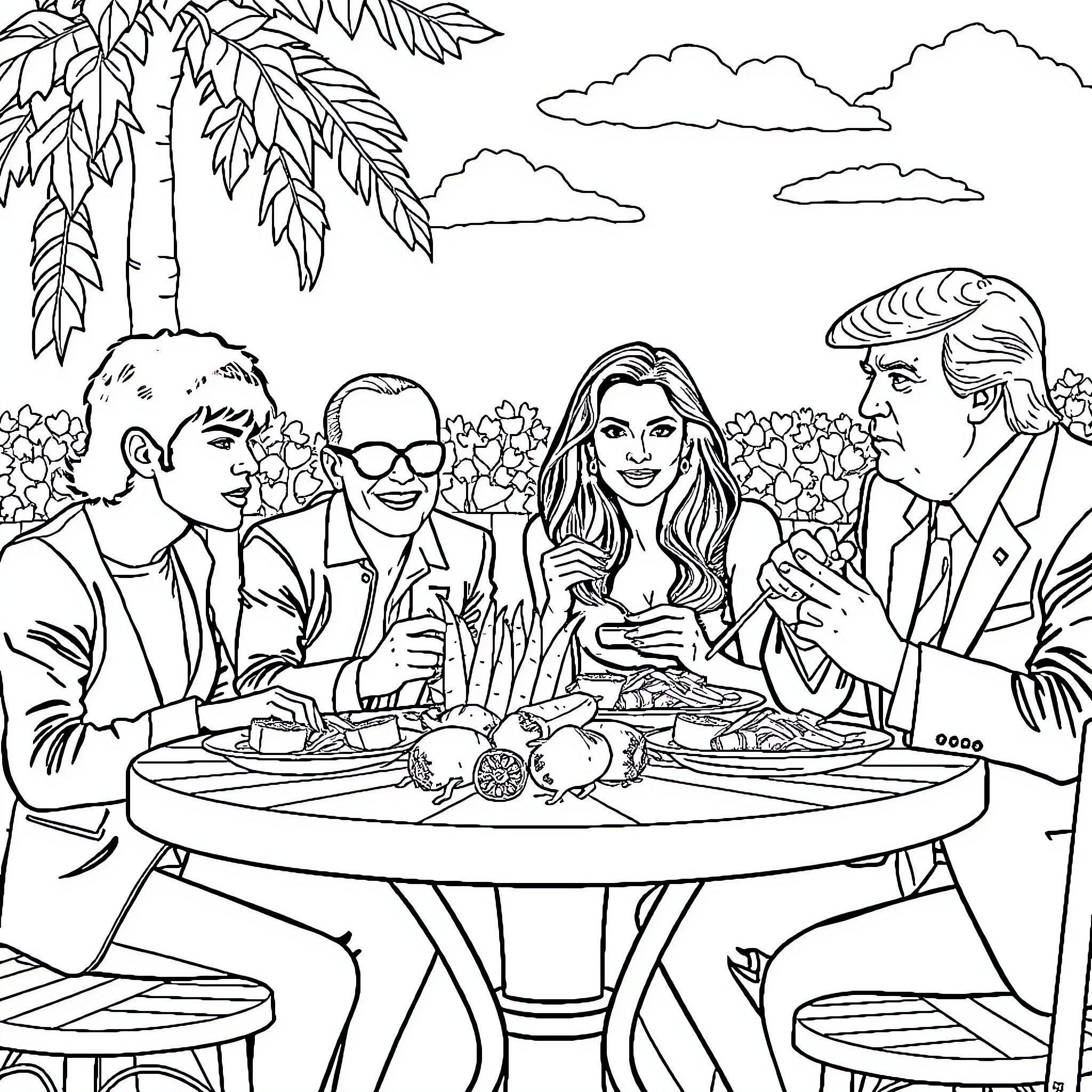 Celebrity Friends Dining Together Outdoors Coloring Page (free black-and-white line drawing printable PDF for all, from beginners to advanced learners, including children, teens, adults, and seniors)
