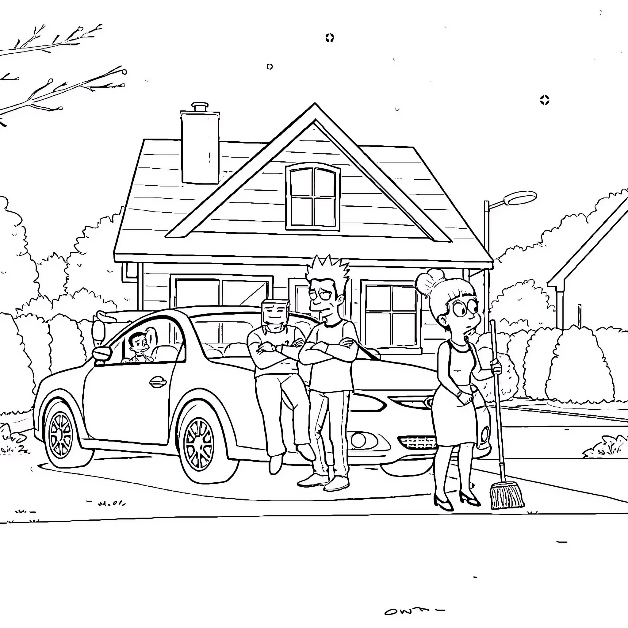 Characters in Front of a Cozy House Coloring Page (free black-and-white line drawing printable PDF for all, from beginners to advanced learners, including children, teens, adults, and seniors)