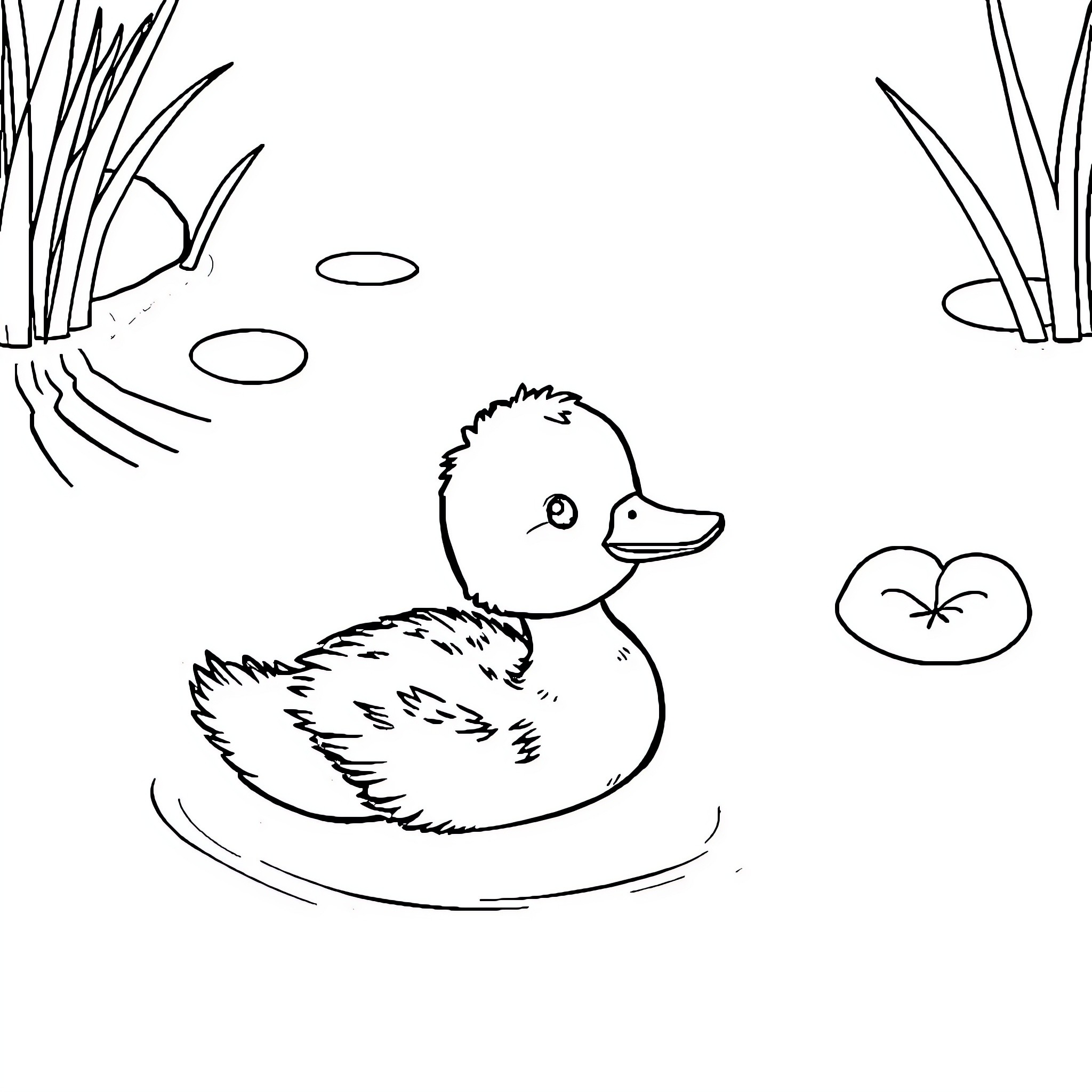 Duckling swimming peacefully in the pond Coloring Page (free black-and-white line drawing printable PDF for all, from beginners to advanced learners, including children, teens, adults, and seniors)