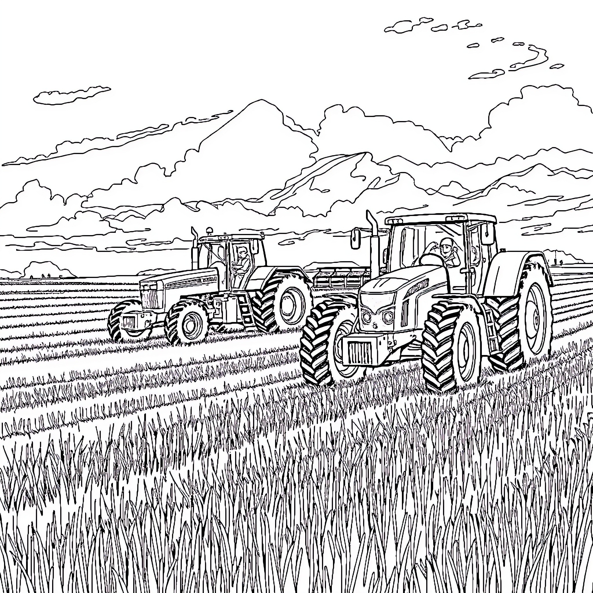 Mähdrescher plowing through fields with tractors Coloring Page (free black-and-white line drawing printable PDF for all, from beginners to advanced learners, including children, teens, adults, and seniors)