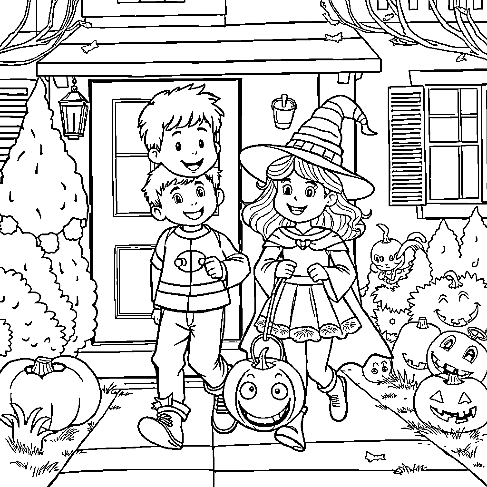 Siblings on Halloween enjoying the festive season Coloring Page (free black-and-white line drawing printable PDF for all, from beginners to advanced learners, including children, teens, adults, and seniors)