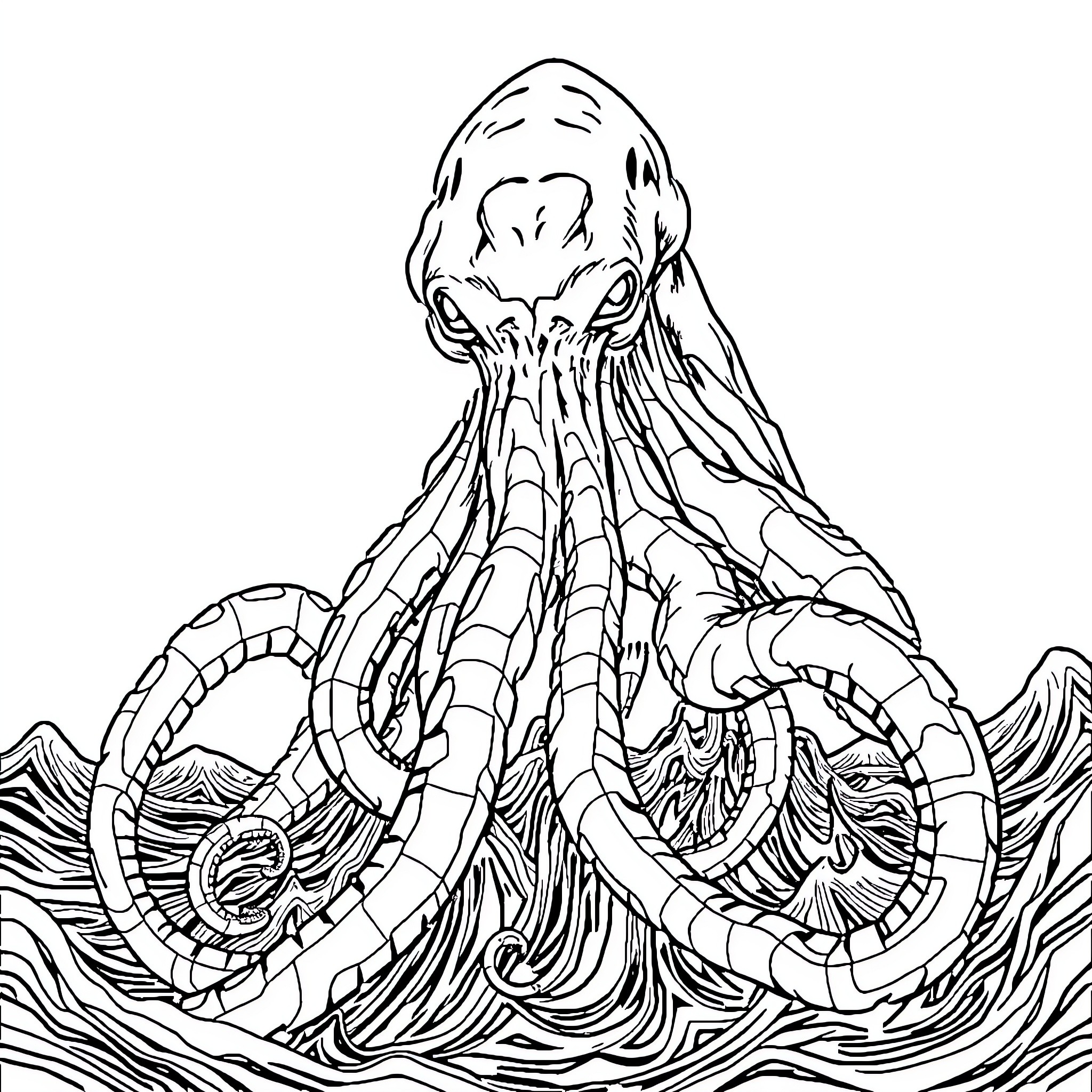 Cthulhu Rising From the Depths Coloring Page (free black-and-white line drawing printable PDF for all, from beginners to advanced learners, including children, teens, adults, and seniors)