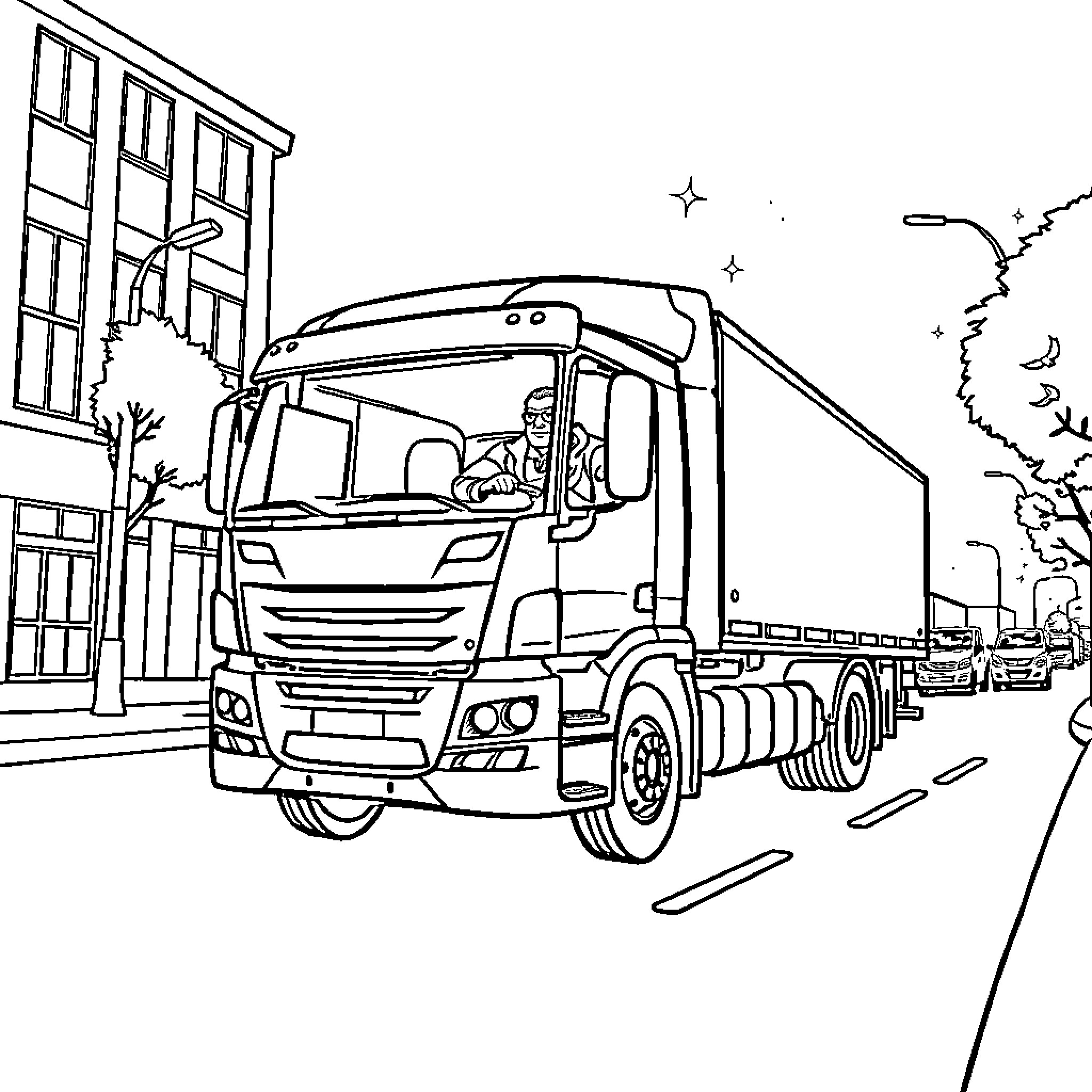 Truck Driver Delivering Cargo on Urban Street Coloring Page (free black-and-white line drawing printable PDF for all, from beginners to advanced learners, including children, teens, adults, and seniors)