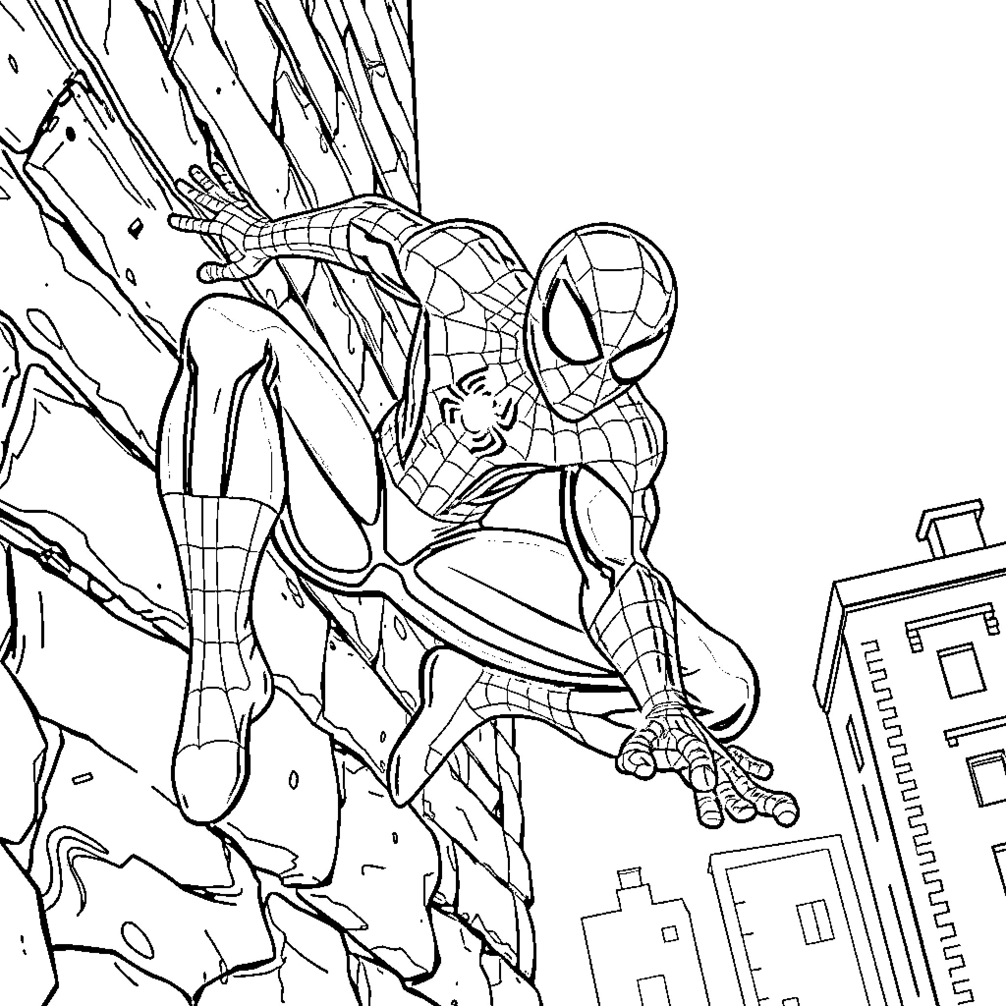 Spiderman swinging through the city on web Coloring Page (free black-and-white line drawing printable PDF for all, from beginners to advanced learners, including children, teens, adults, and seniors)