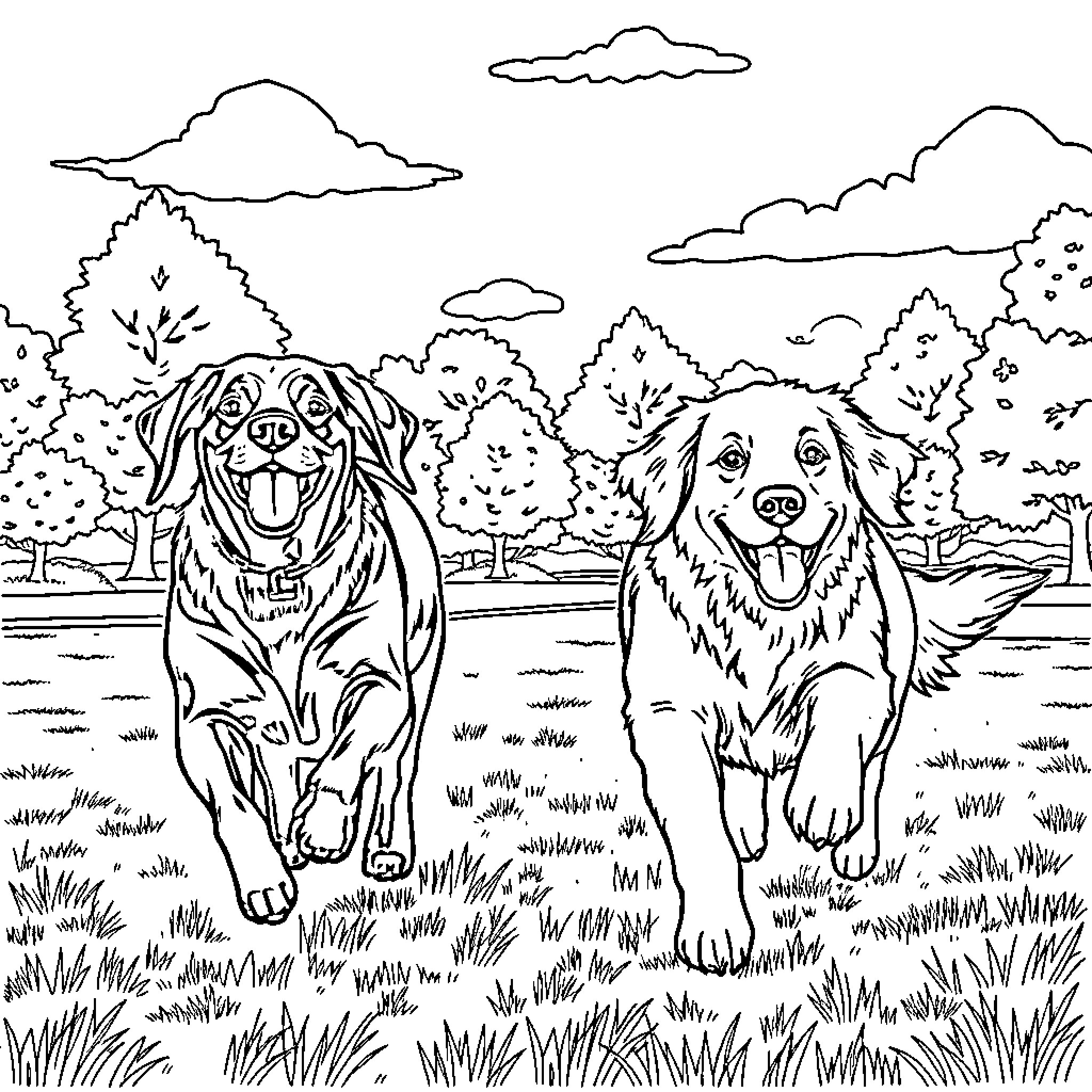 Retrievers playing enthusiastically in a natural setting Coloring Page (free black-and-white line drawing printable PDF for all, from beginners to advanced learners, including children, teens, adults, and seniors)