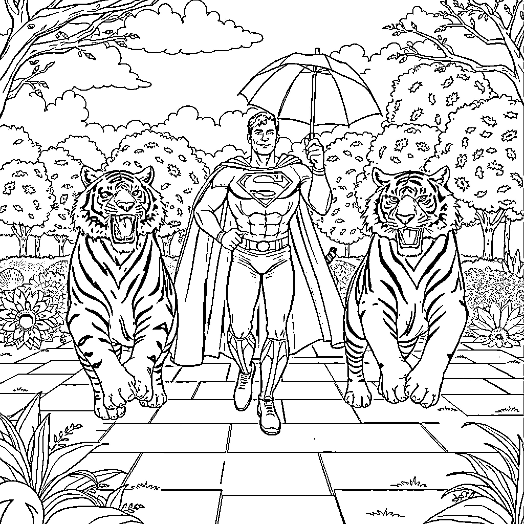 Tiger Superhero Walks with Tigers in Forest Coloring Page (free black-and-white line drawing printable PDF for all, from beginners to advanced learners, including children, teens, adults, and seniors)
