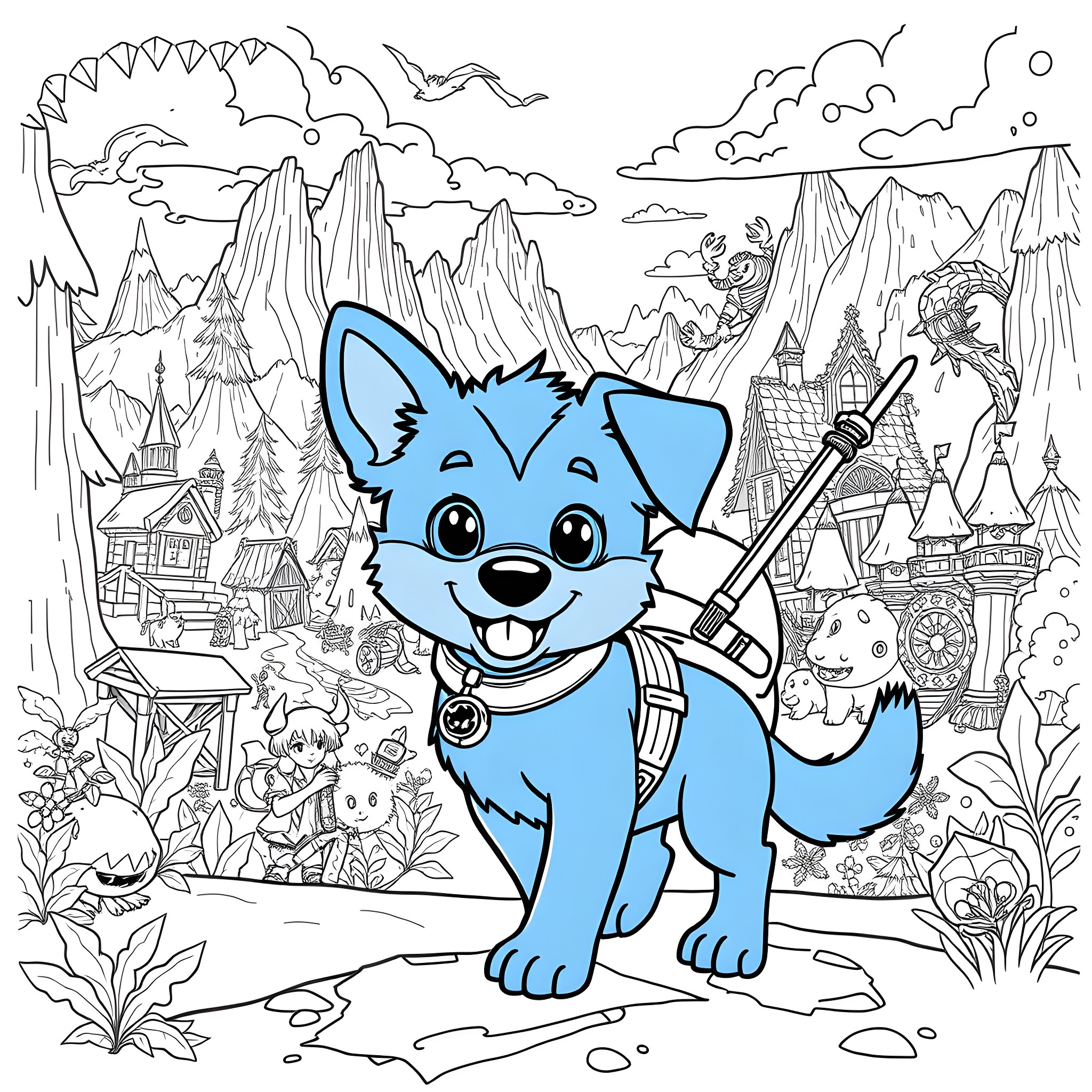 Bluey explores the magical fantasy world Coloring Page (free black-and-white line drawing printable PDF for all, from beginners to advanced learners, including children, teens, adults, and seniors)