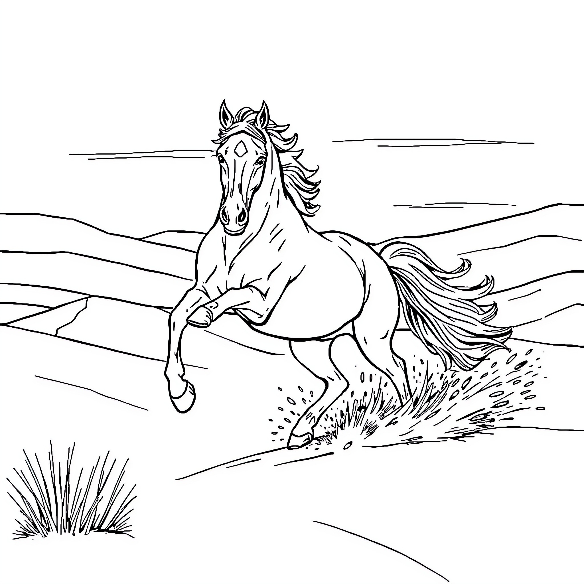 Horse galloping through the open field Coloring Page (free black-and-white line drawing printable PDF for all, from beginners to advanced learners, including children, teens, adults, and seniors)