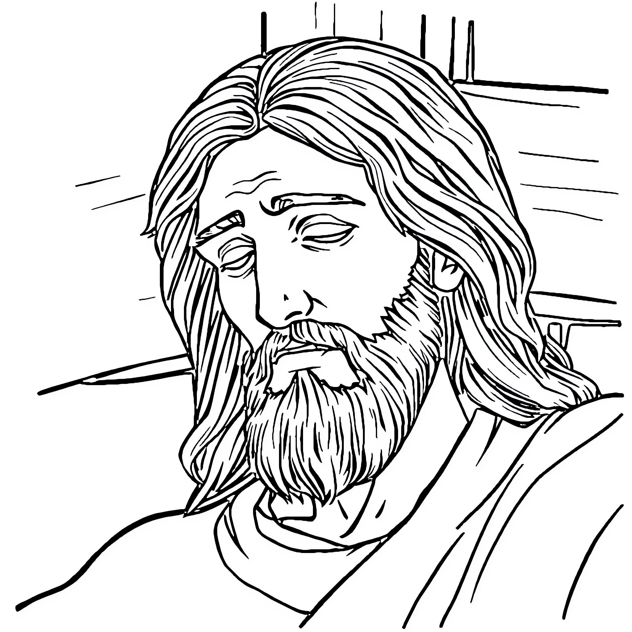 Jesus in contemplative pose with long hair and beard Coloring Page (free black-and-white line drawing printable PDF for all, from beginners to advanced learners, including children, teens, adults, and seniors)