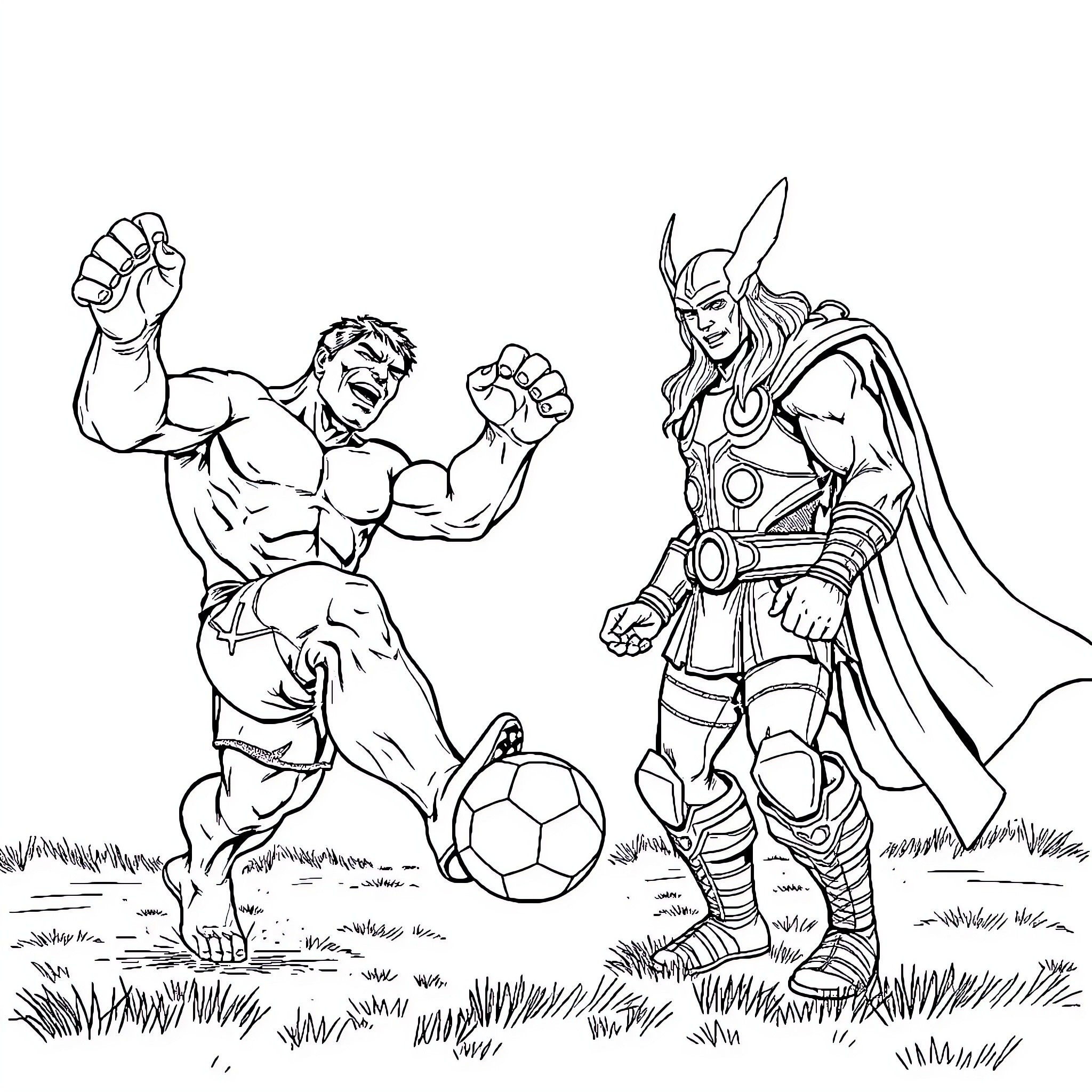 Hulk and Thor engaging in a friendly soccer match Coloring Page (free black-and-white line drawing printable PDF for all, from beginners to advanced learners, including children, teens, adults, and seniors)