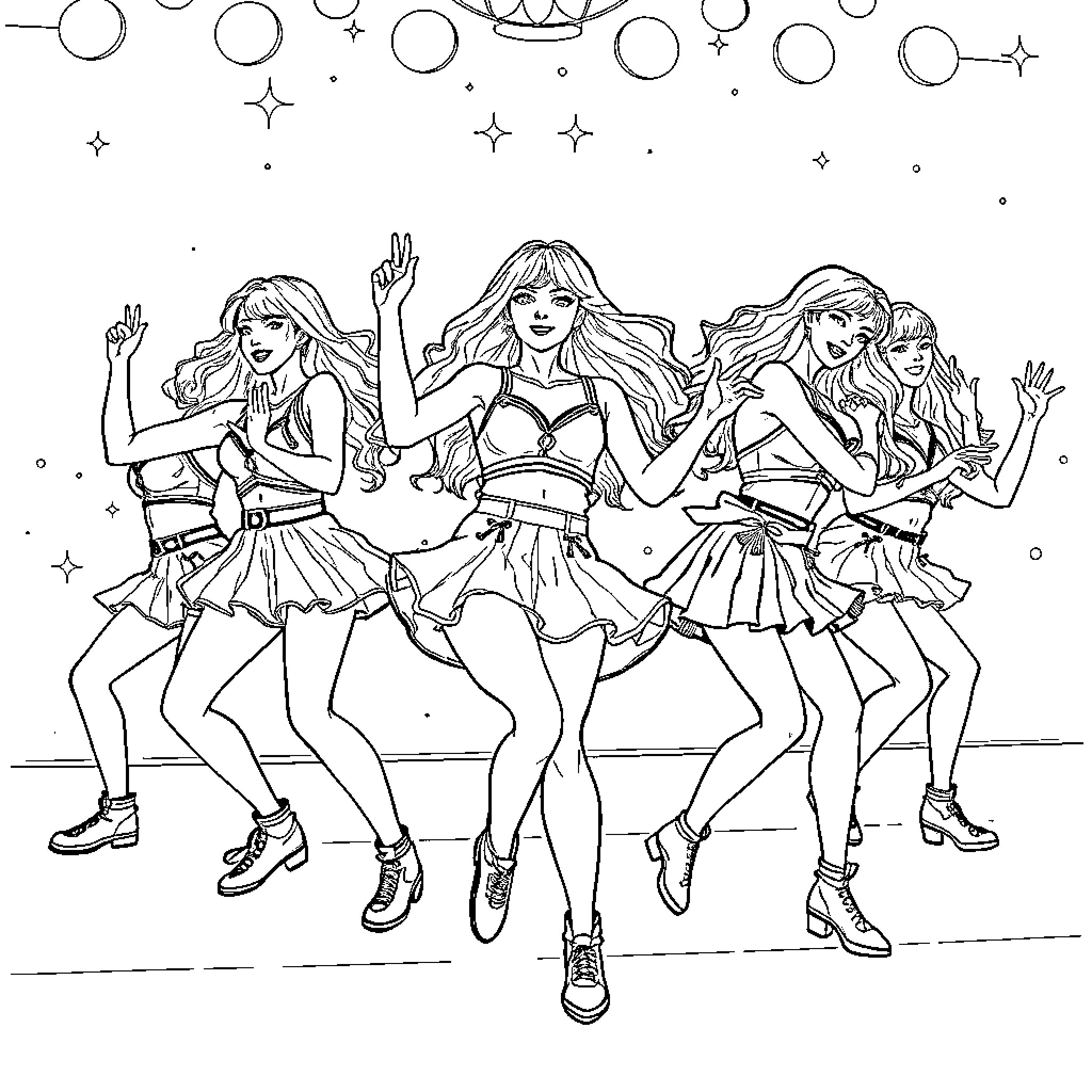 Kpop Warriors Dancing Joyfully on Stage Coloring Page (free black-and-white line drawing printable PDF for all, from beginners to advanced learners, including children, teens, adults, and seniors)