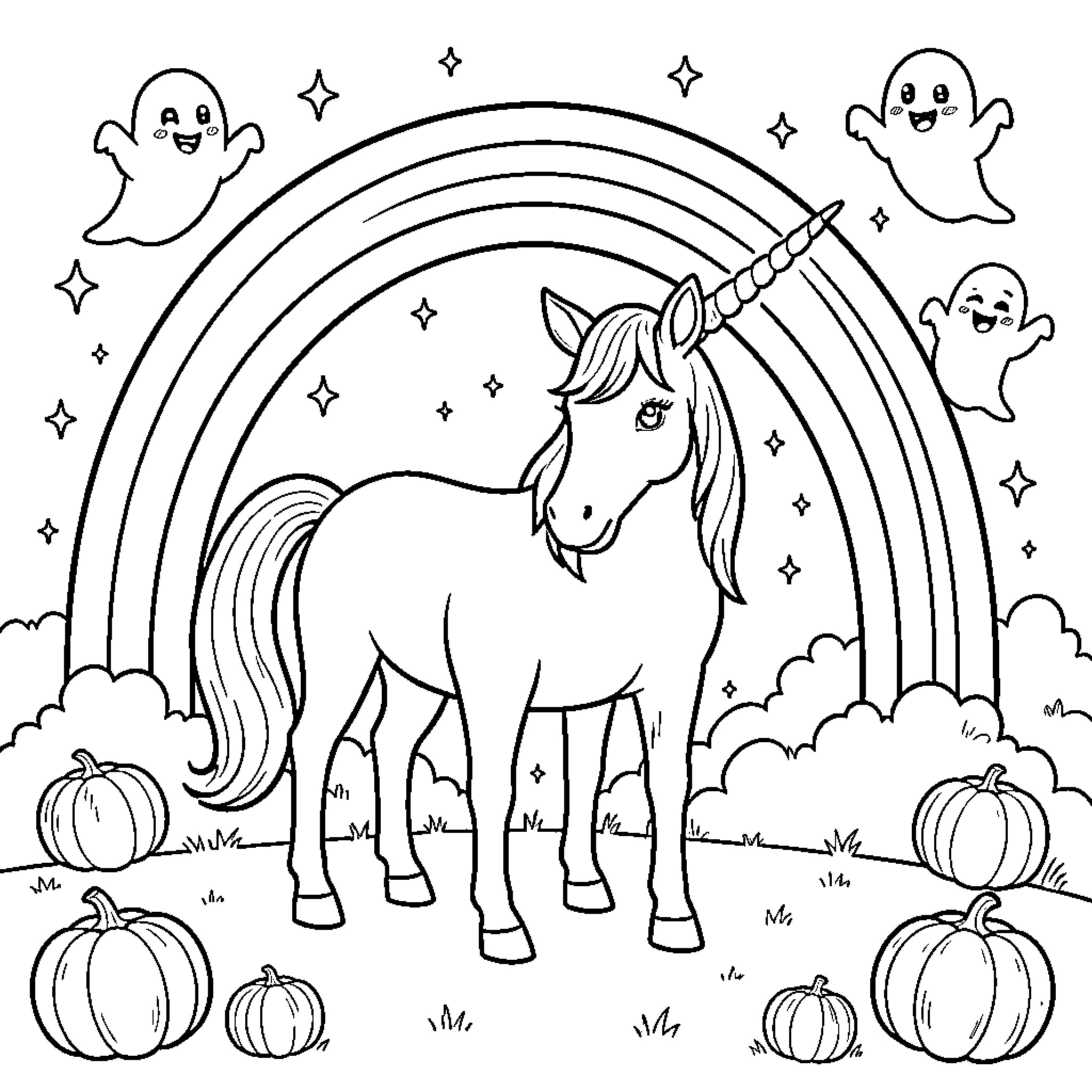 Unicorn standing happily amidst ghosts and a rainbow Coloring Page (free black-and-white line drawing printable PDF for all, from beginners to advanced learners, including children, teens, adults, and seniors)