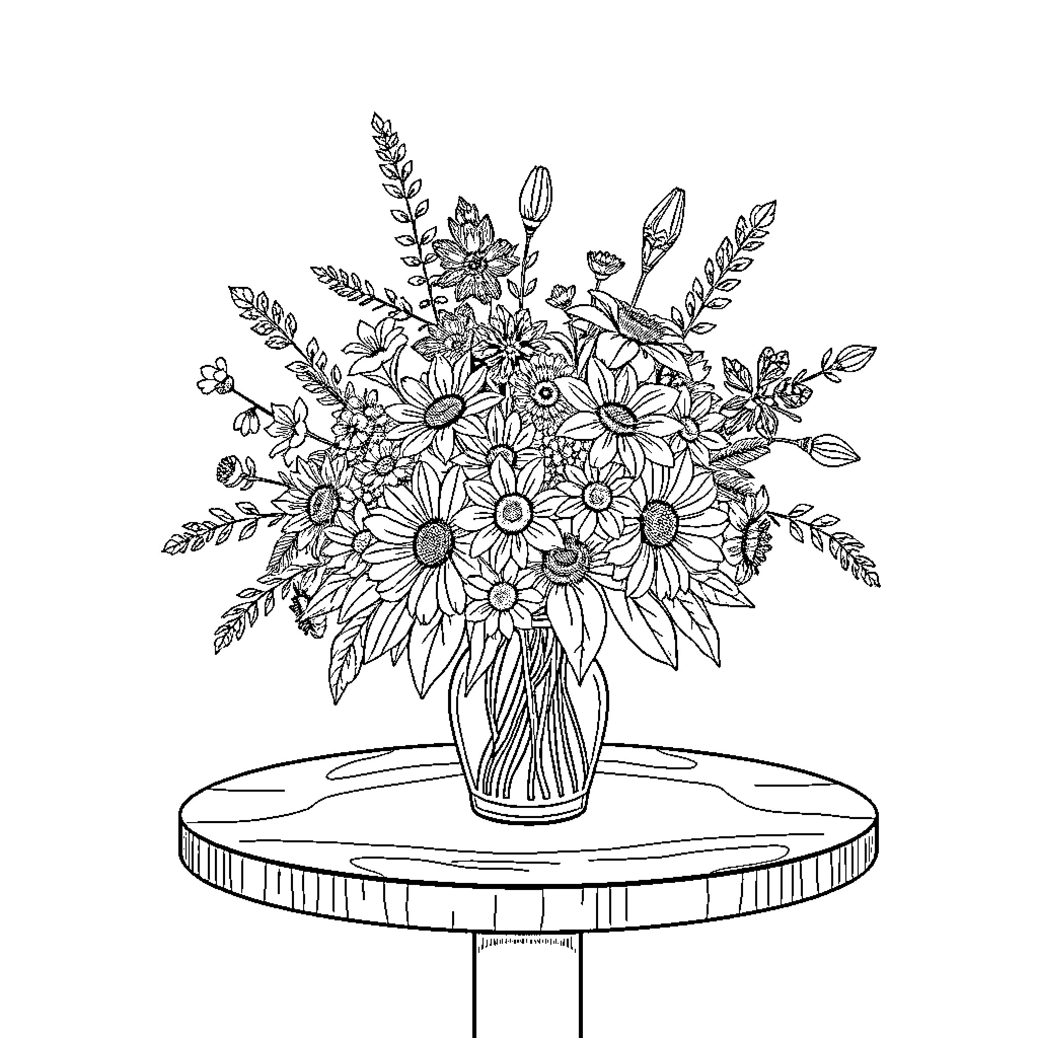 Flower Bouquet Displayed on a Table Coloring Page (free black-and-white line drawing printable PDF for all, from beginners to advanced learners, including children, teens, adults, and seniors)