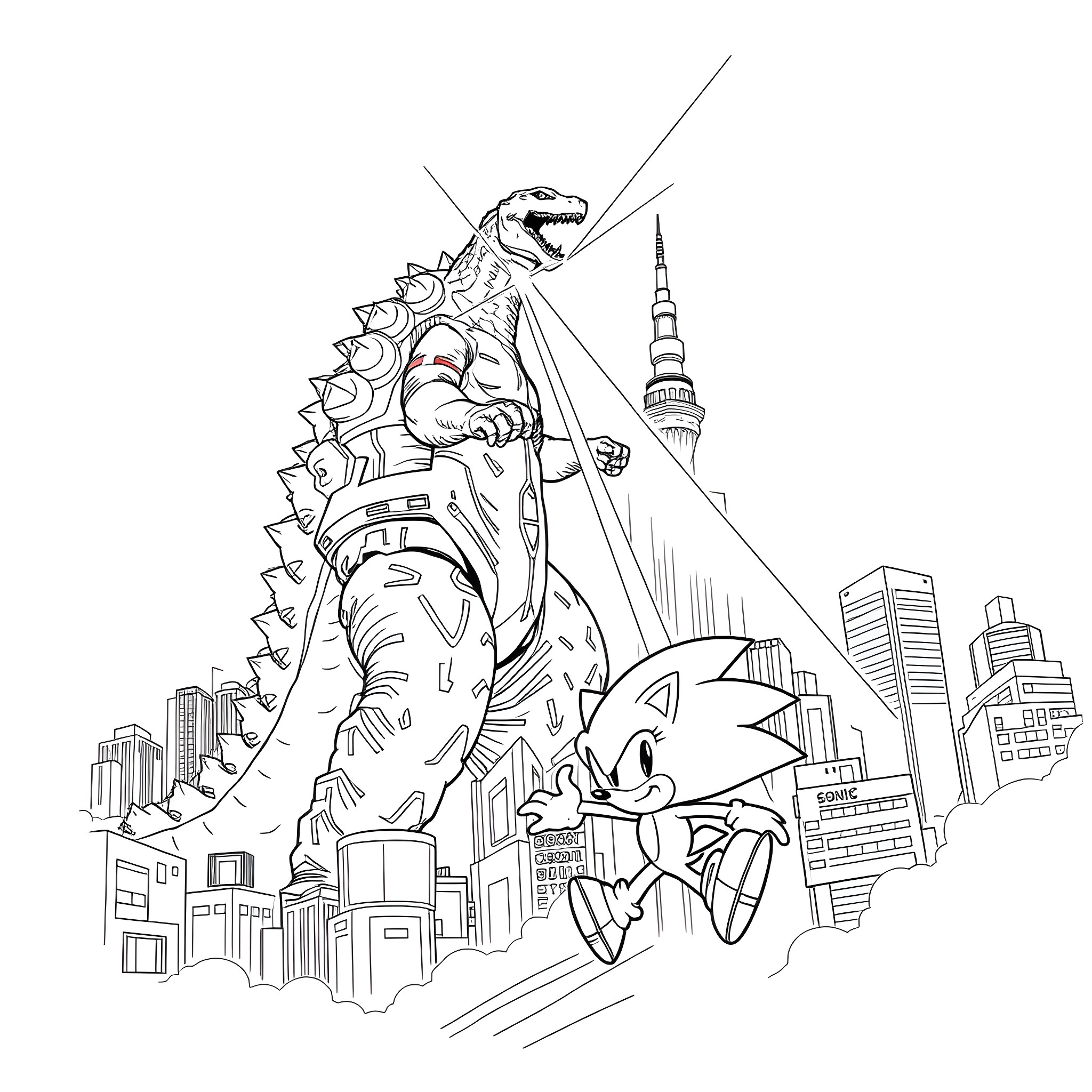 Godzilla and Sonic the Hedgehog battling in the city Coloring Page (free black-and-white line drawing printable PDF for all, from beginners to advanced learners, including children, teens, adults, and seniors)