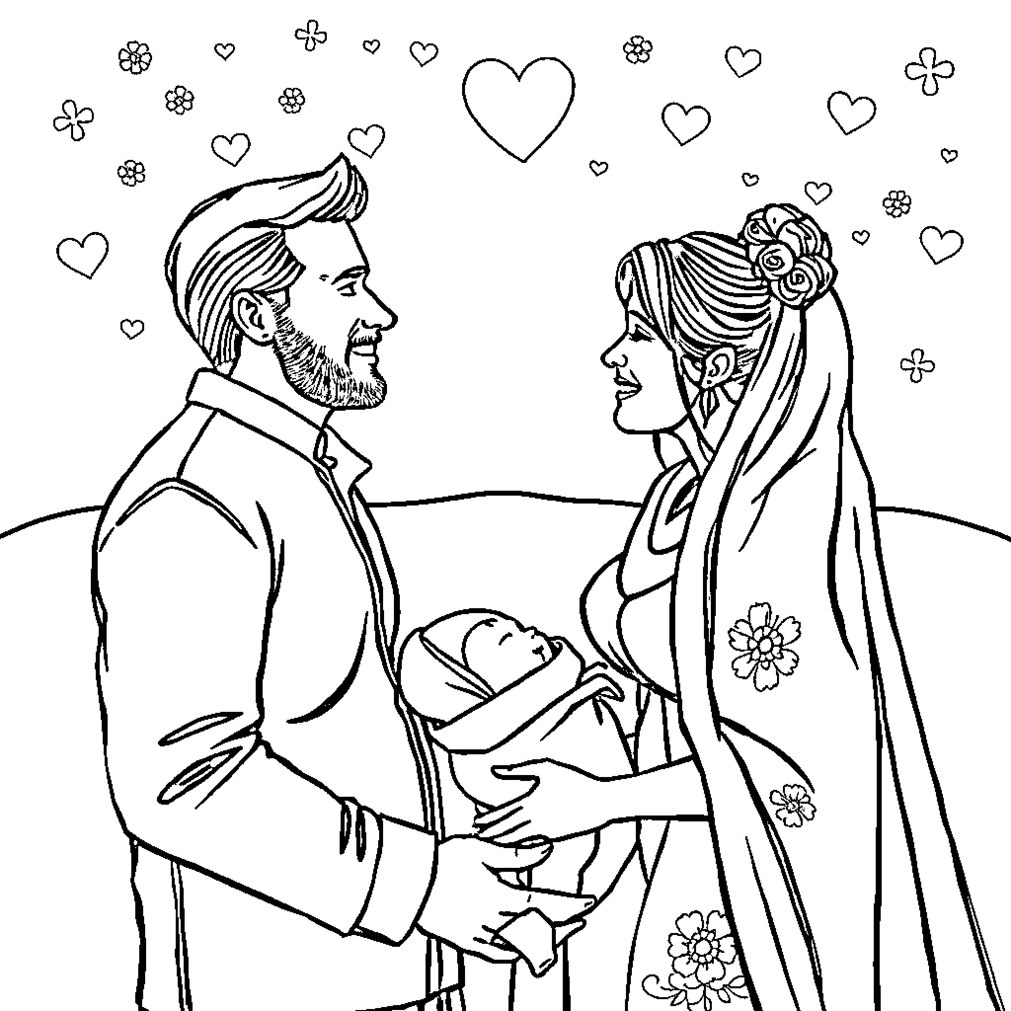 Pregnancy celebration with loving couple Coloring Page (free black-and-white line drawing printable PDF for all, from beginners to advanced learners, including children, teens, adults, and seniors)
