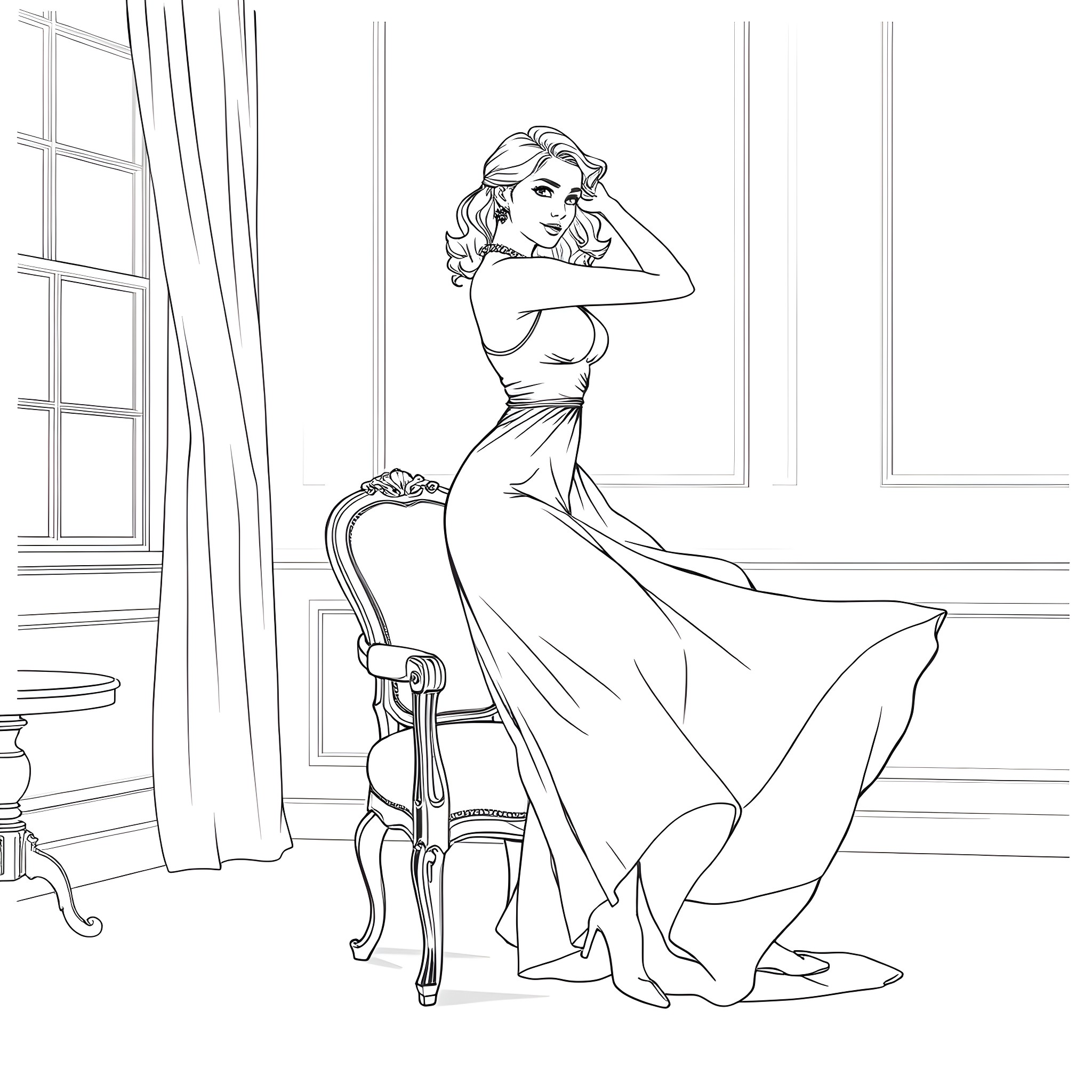 Woman posing elegantly in a formal gown Coloring Page (free black-and-white line drawing printable PDF for all, from beginners to advanced learners, including children, teens, adults, and seniors)