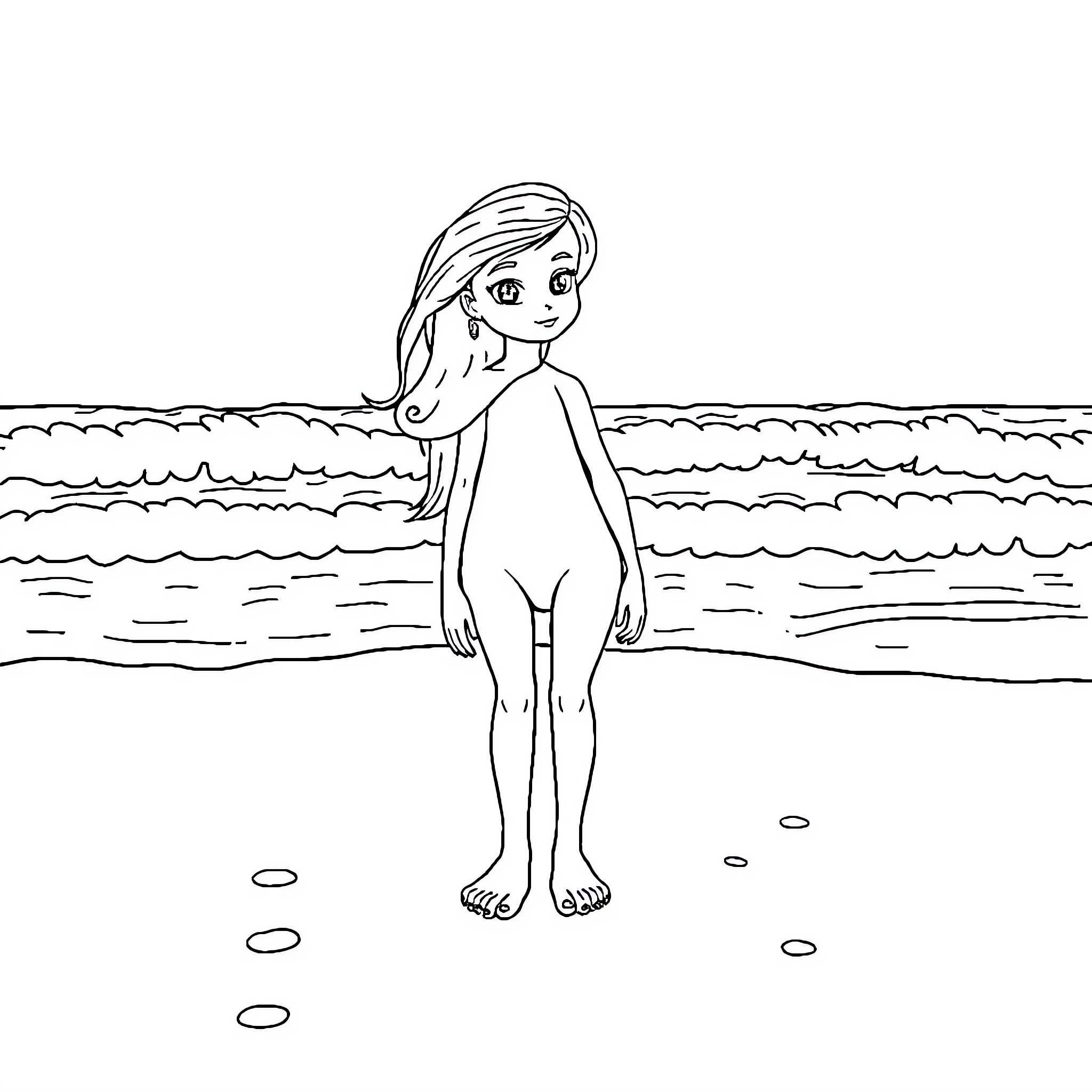 Rapunzel playing alone on the beach Coloring Page (free black-and-white line drawing printable PDF for all, from beginners to advanced learners, including children, teens, adults, and seniors)