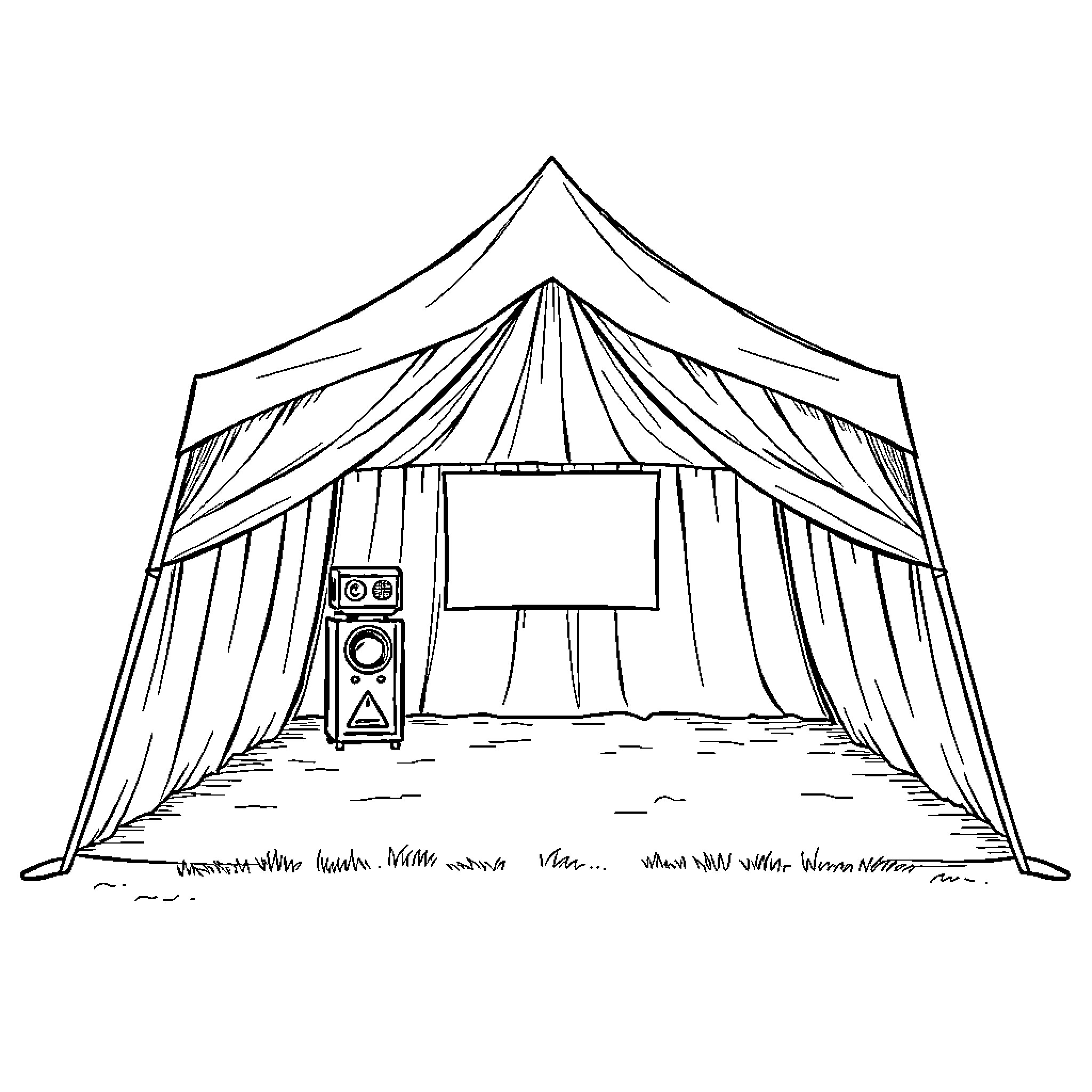 Tent with entertainment setup for outdoor event Coloring Page (free black-and-white line drawing printable PDF for all, from beginners to advanced learners, including children, teens, adults, and seniors)
