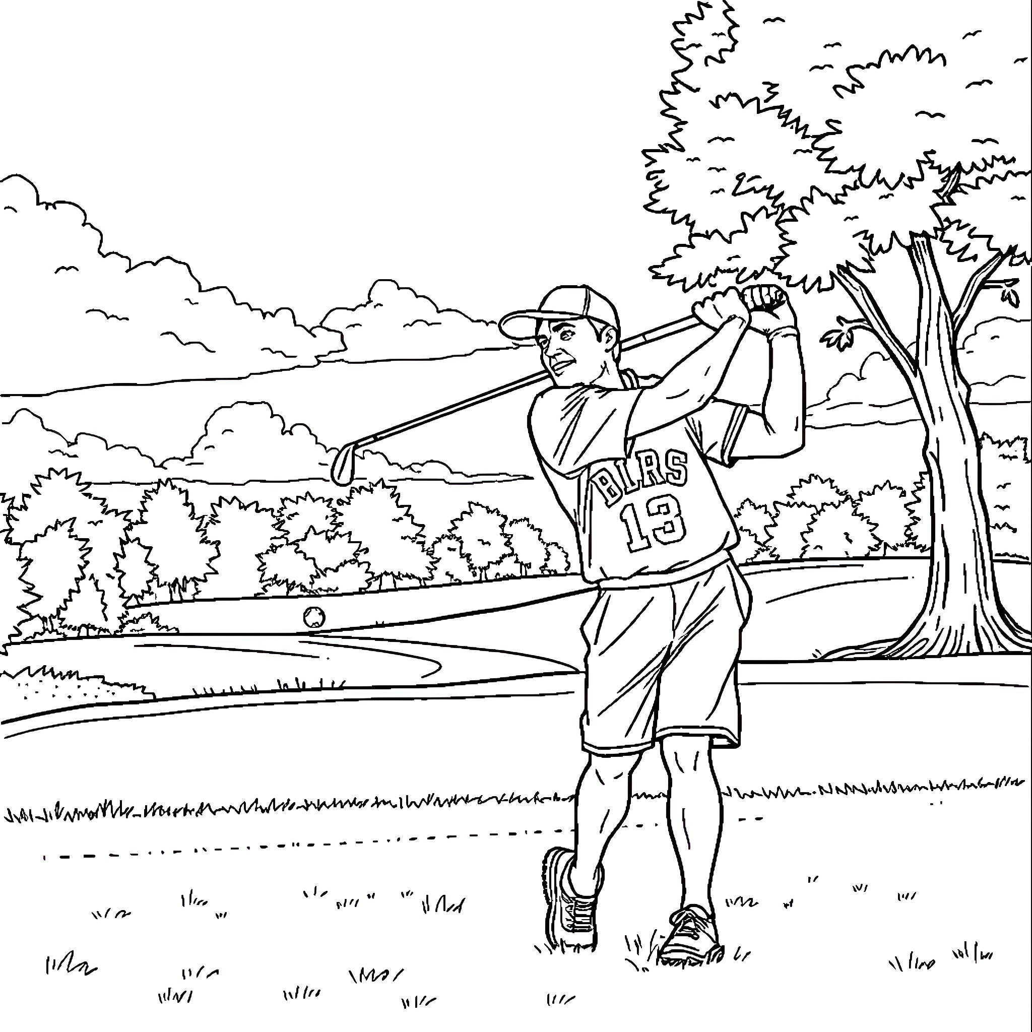 Dad playing baseball in the park Coloring Page (free black-and-white line drawing printable PDF for all, from beginners to advanced learners, including children, teens, adults, and seniors)
