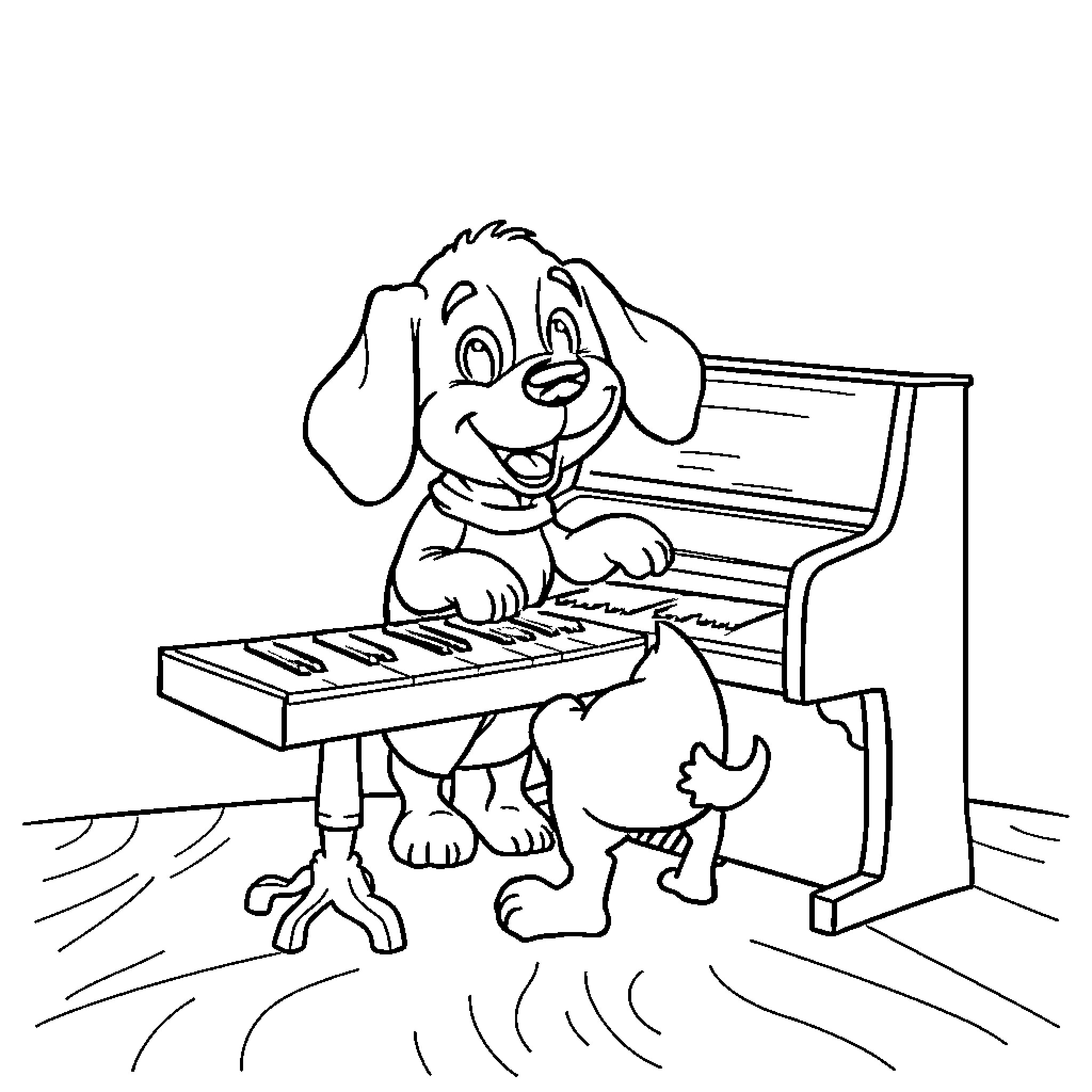 Dog playing joyfully on piano Coloring Page (free black-and-white line drawing printable PDF for all, from beginners to advanced learners, including children, teens, adults, and seniors)