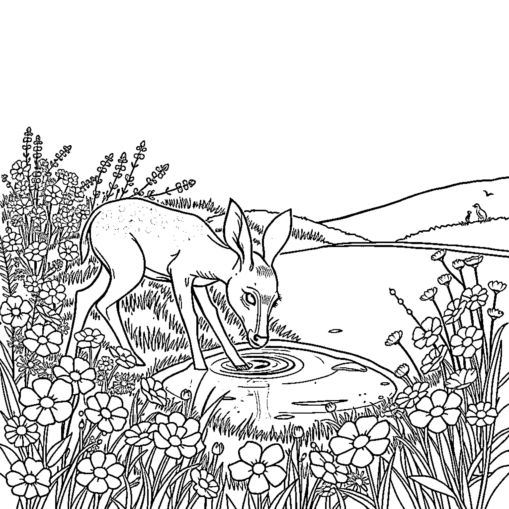 Deer drinking water from a woodland pool Coloring Page (free black-and-white line drawing printable PDF for all, from beginners to advanced learners, including children, teens, adults, and seniors)