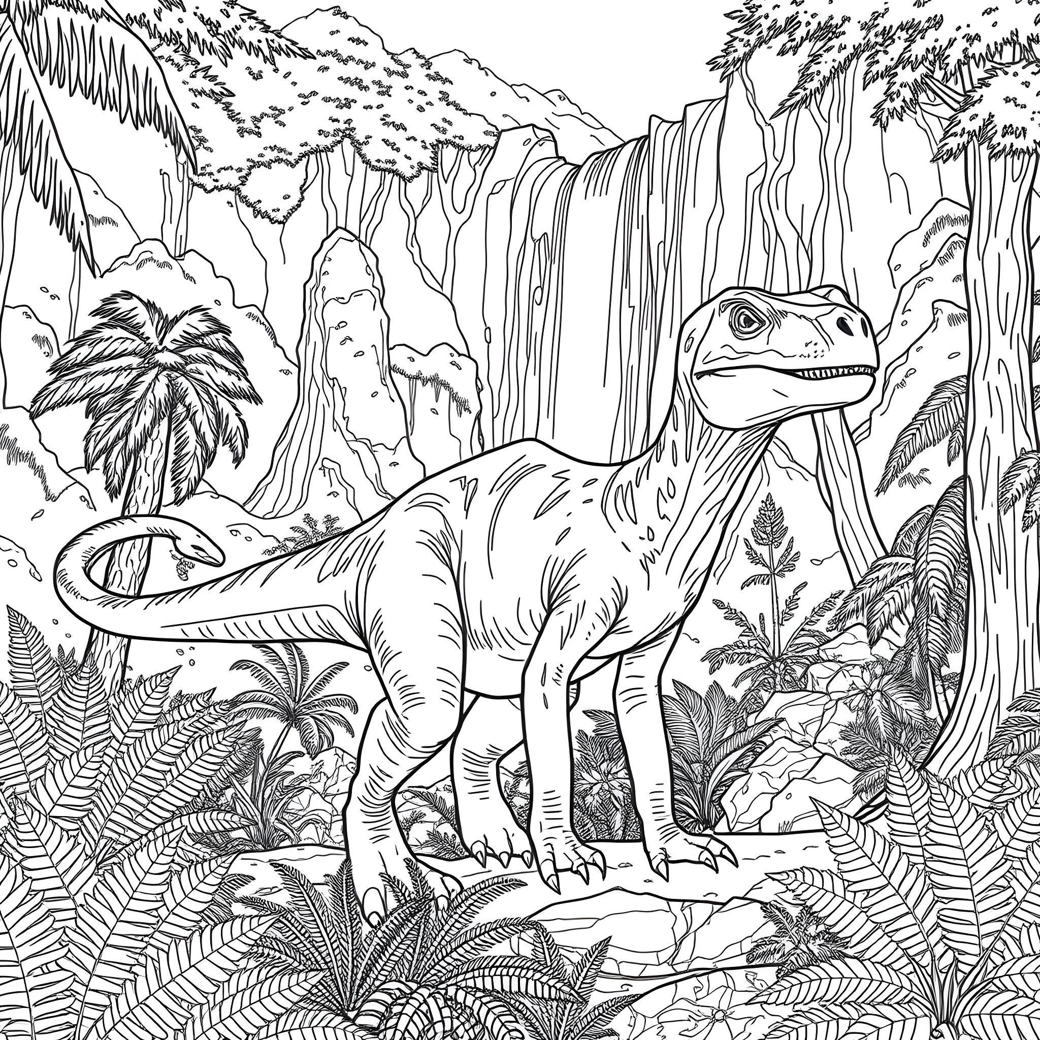 Dinosaur exploring the prehistoric landscape Coloring Page (free black-and-white line drawing printable PDF for all, from beginners to advanced learners, including children, teens, adults, and seniors)