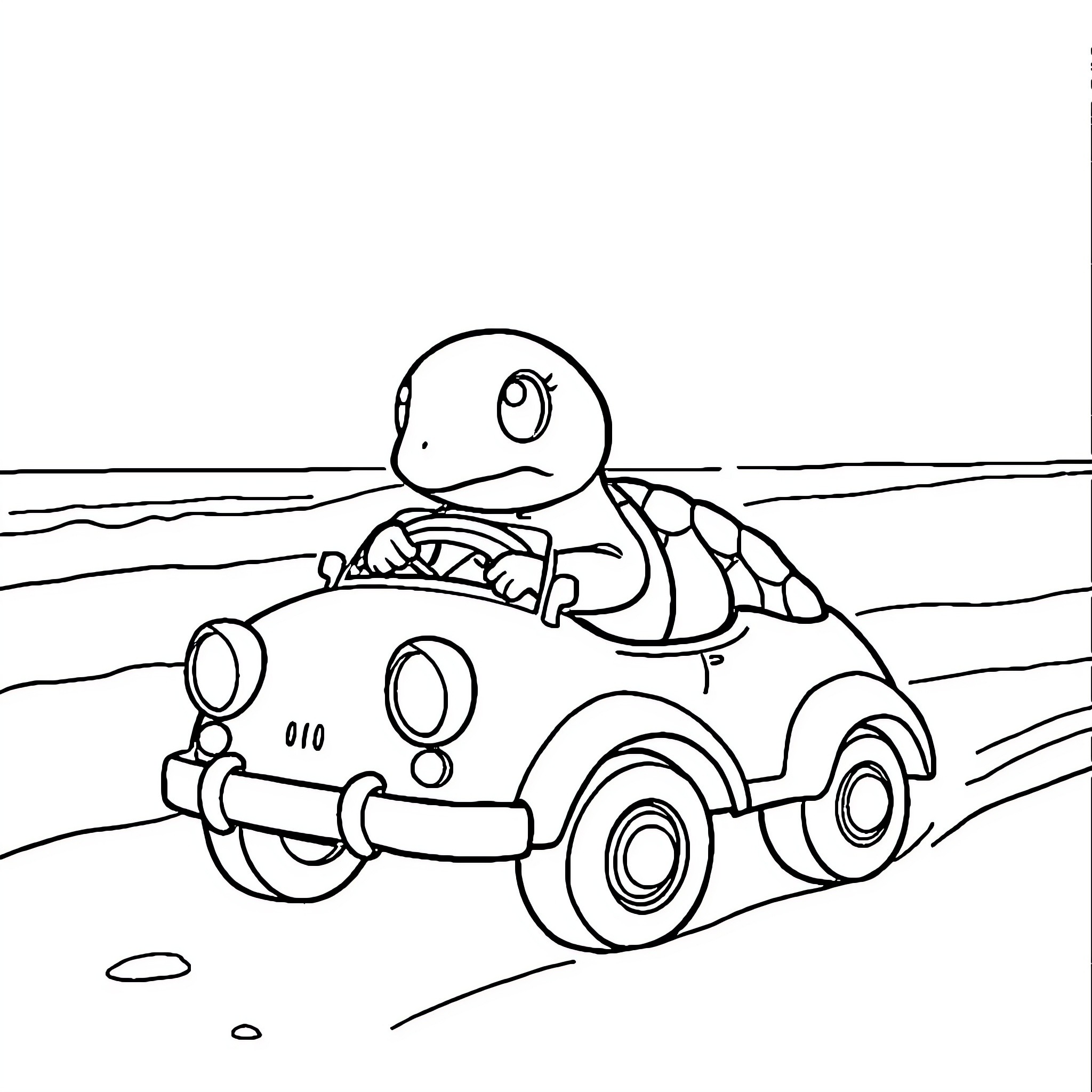 Turtle driving a toy car on the road Coloring Page (free black-and-white line drawing printable PDF for all, from beginners to advanced learners, including children, teens, adults, and seniors)